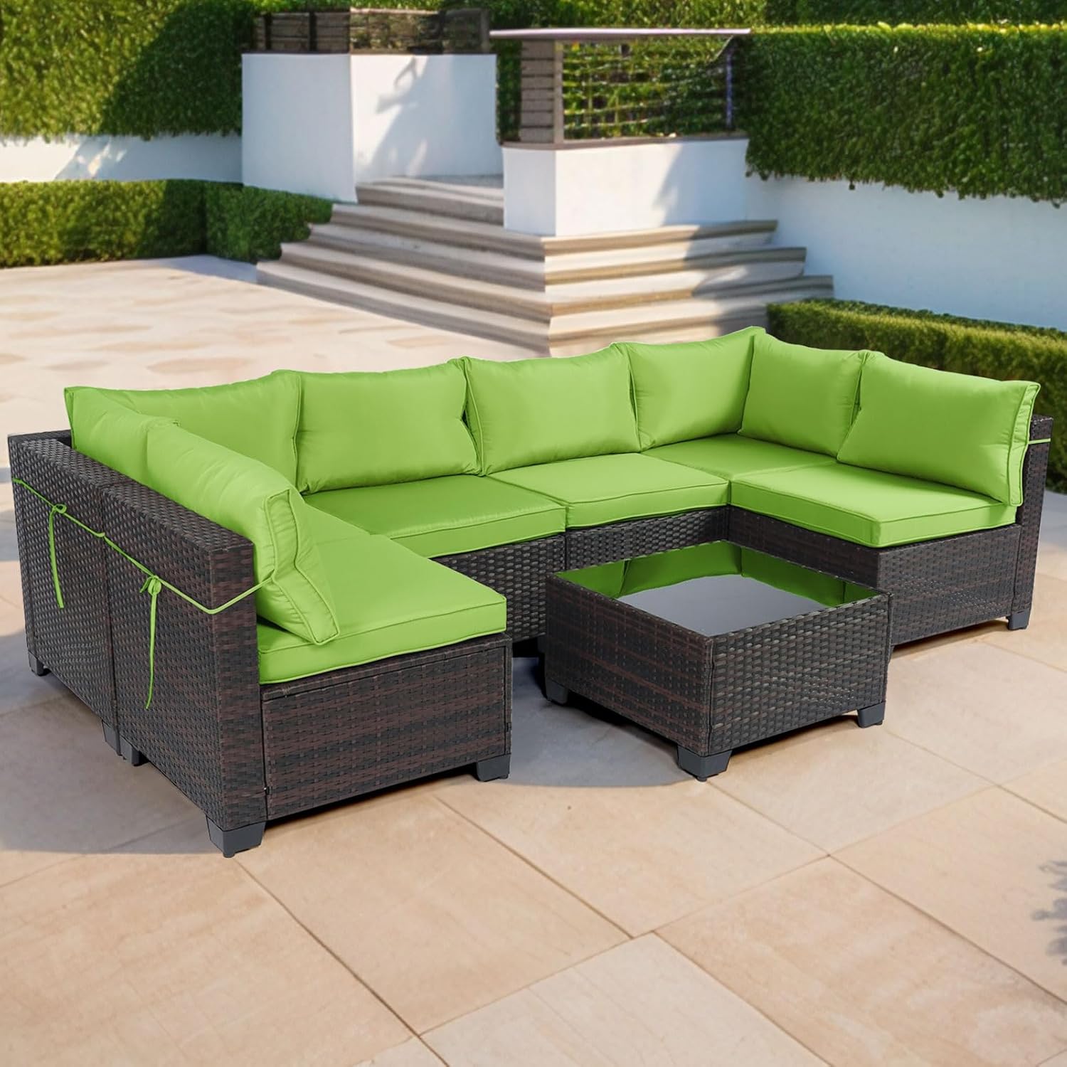 7 Pieces Rattan Patio Furniture Set with Tea Table