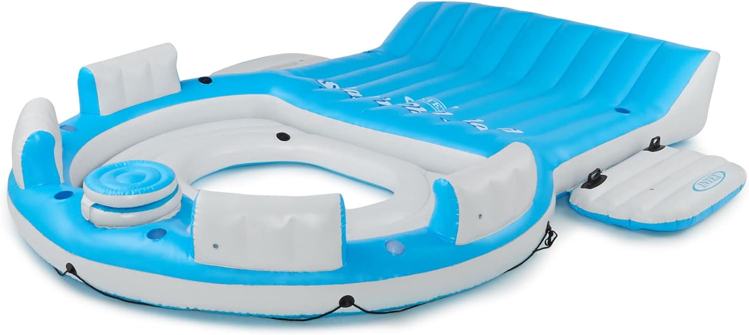 56299EP 145 x 125 x 20 Inch Splash N Chill Inflatable Lake and Pool Relaxation Island Lounger Seat for up to 7 Adults, Blue and White