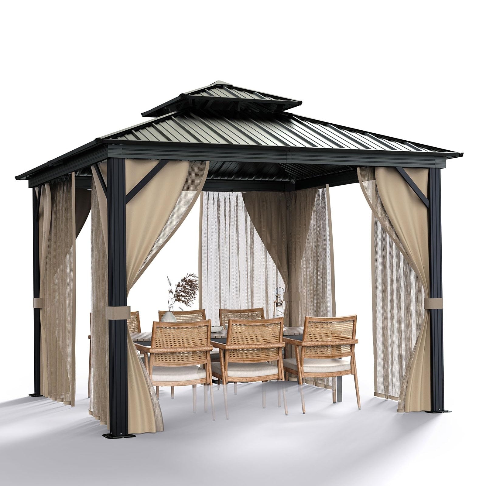 2026 10’x10′ Hardtop Gazebo with double metal roof, aluminum frame, net, and curtain. All-weather, ideal for patio, deck, garden, backyard. Khaki.