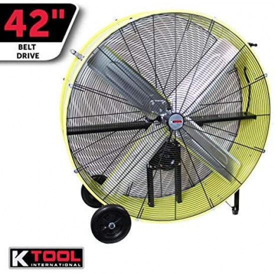 2026 K Tool International 42′′ Belt Drive Drum Fan; Industrial, Garage, Shop, High Speed 2-Speed, Durable, Cut-Off Protection, Easy Mobility Rubber Wheels; SAFETY YELLOW KTI77743