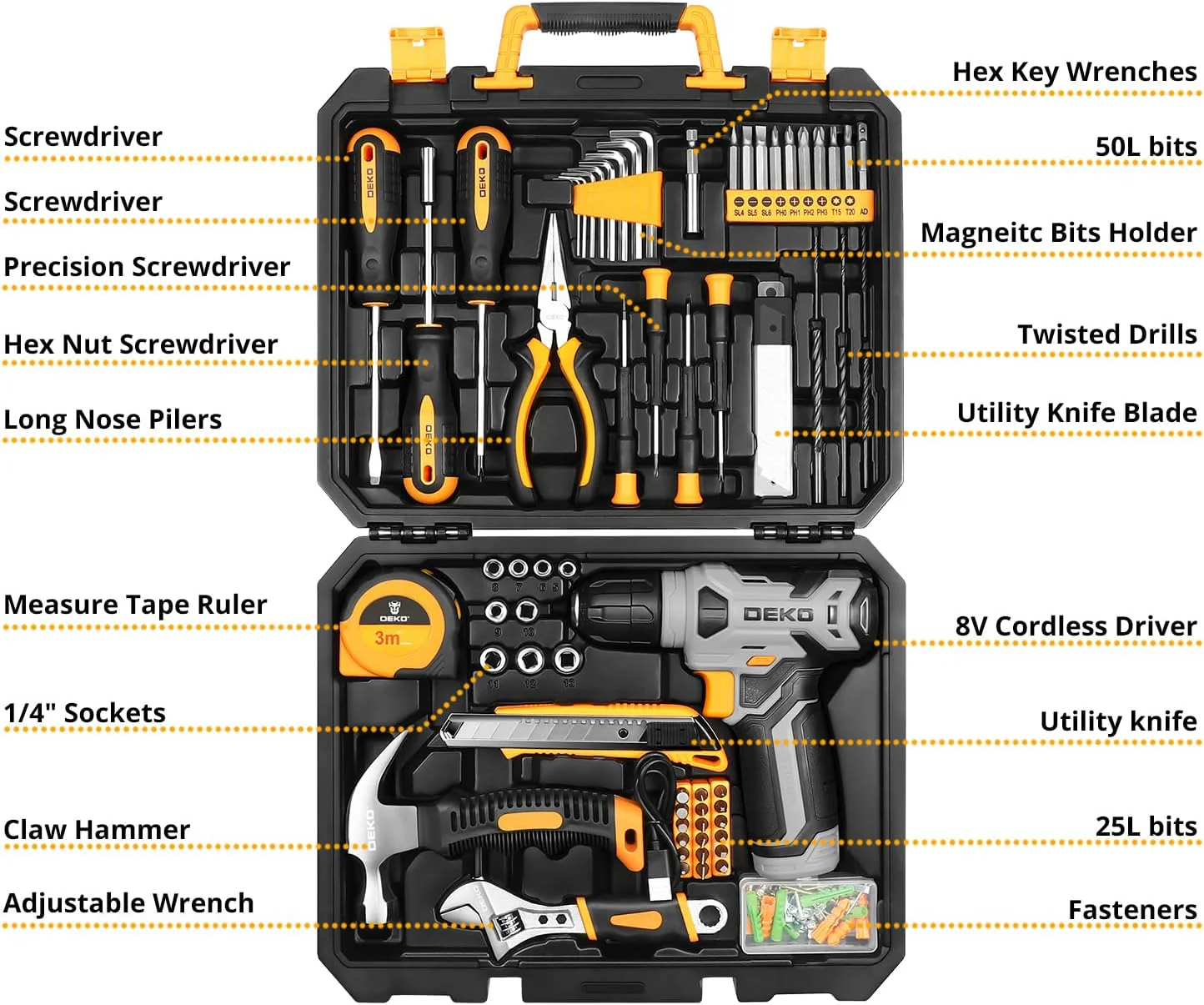 Tool Set：Tool Kit with 8V Cordless Drill,Tool Box with Drill,Hand Drill Set for Men & Women,Home Tool Kits for House Repair,Handyman,DIY 126 Piece