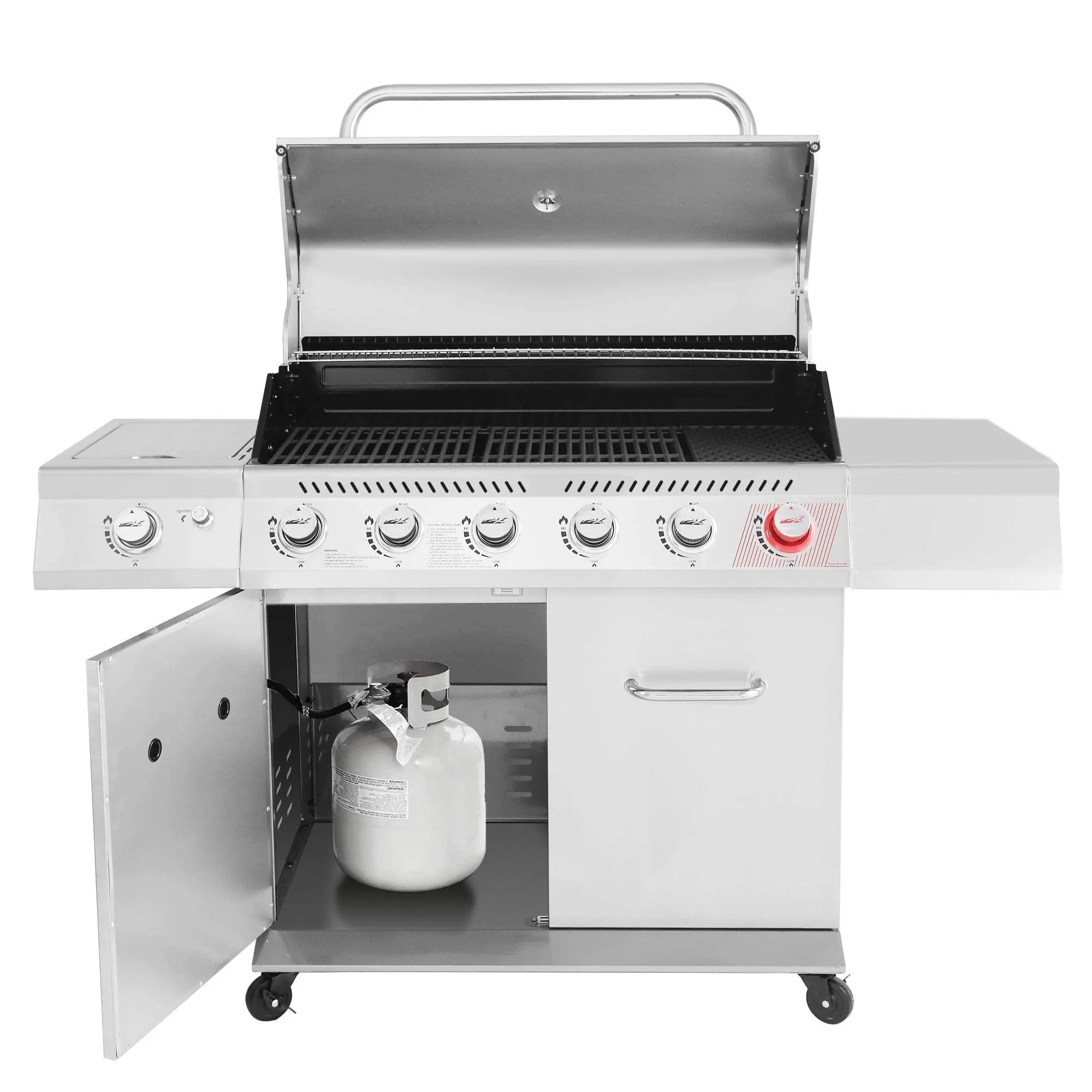 Gourmet GA6402S Stainless Steel Gas Grill, Premier 6-Burner Propane Grill with Sear Burner and Side Burner, 74,000 BTU, Cabinet Style, Outdoor BBQ Party Grill, Silver