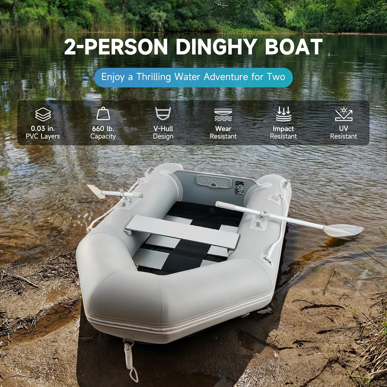 7.5ft Inflatable Dinghy Boat, 2 Person 660lb Transom Sport Tender Boat with Pump Aluminum Oars Floor, Heavy Duty Inflatable Raft Kayak for Adults