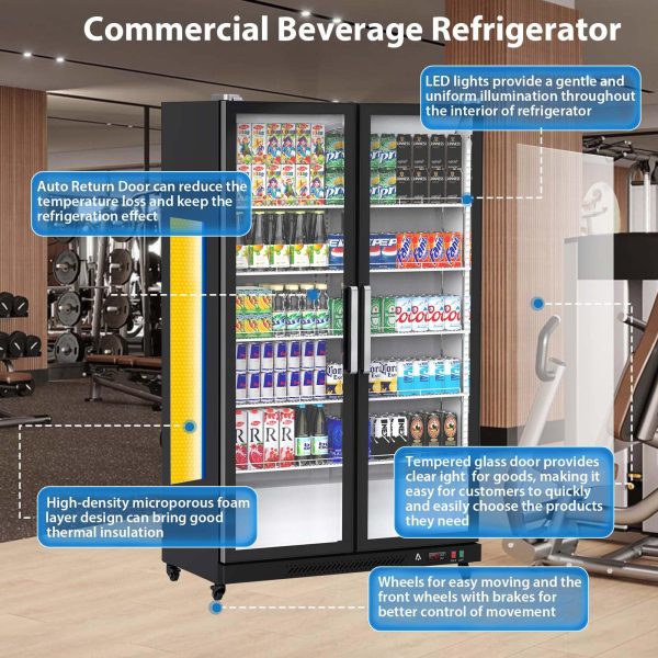 2026 Commercial Refrigerator, Glass Door with LED Lighting – Upright Beverage Display Cooler for Home, Store, Gym, or Office, Featuring Double Swing Doors and 39 cu.ft