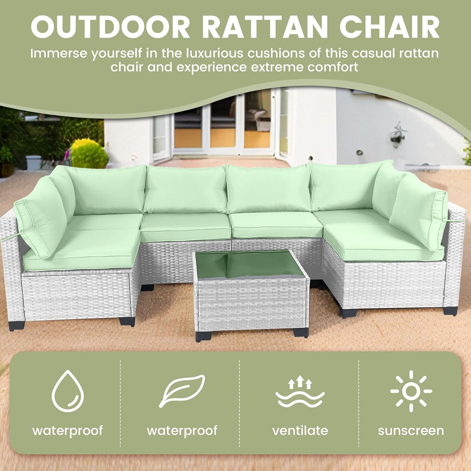 7 Pieces Rattan Patio Furniture Set with Tea Table