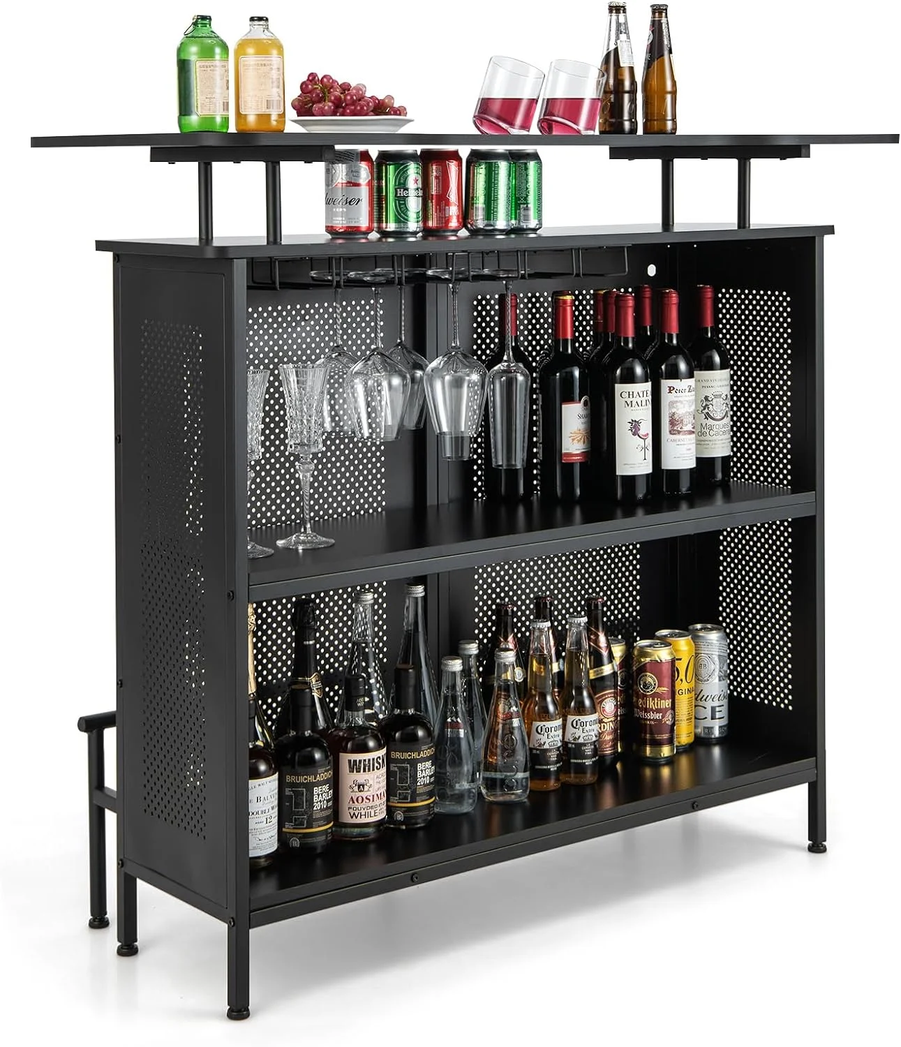 FJU 4-Tier Home Bar Unit, Home Bar Cabinet w/ 2 Wine Storage Shelves & 6 Stemware Holders, Metal Front & Footrest, 7 Adjustable Feet, Industrial Metal Wine Bar Table for Kitchen, Pub, Black