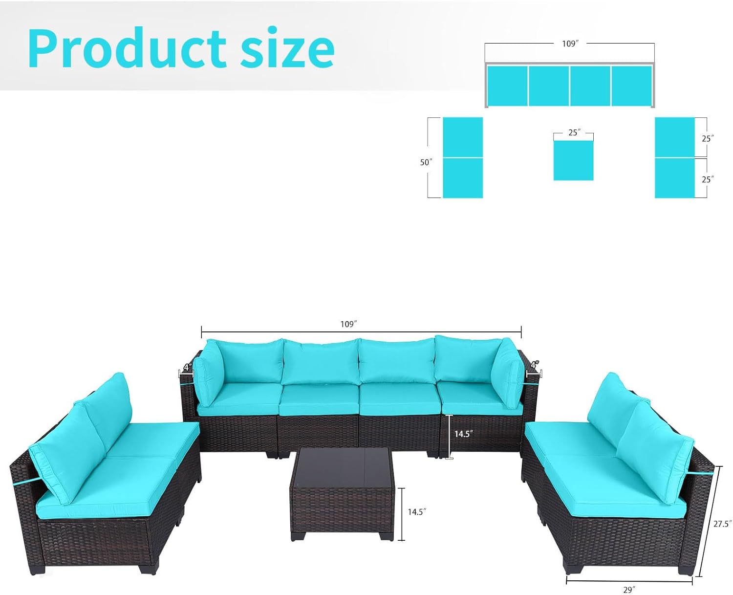 7 Pieces Rattan Patio Furniture Set with Tea Table