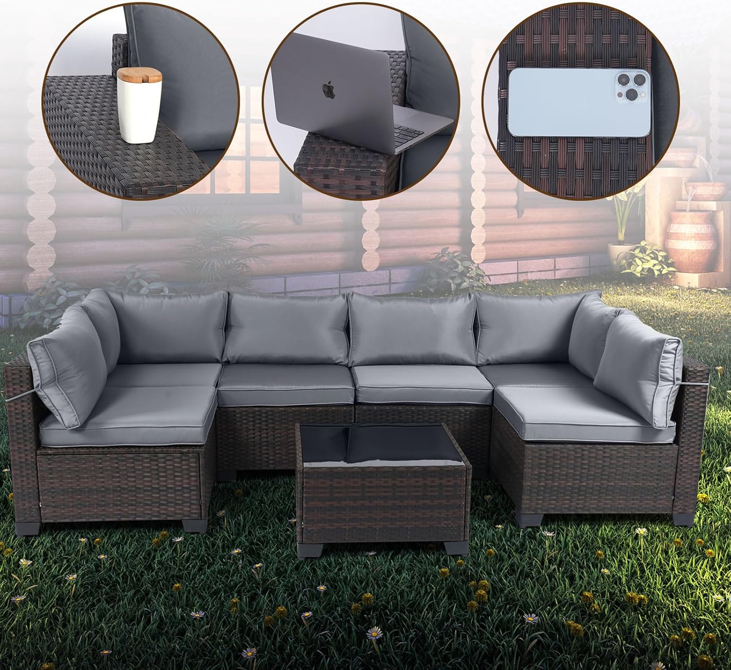 7 Pieces Rattan Patio Furniture Set with Tea Table
