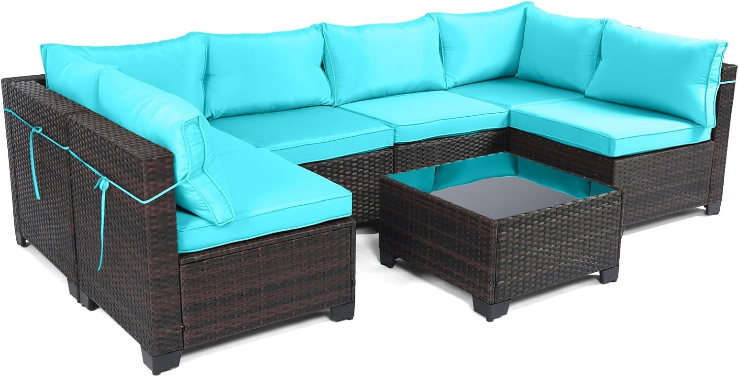 7 Pieces Rattan Patio Furniture Set with Tea Table
