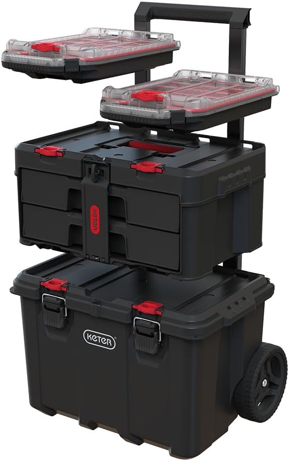 Keter Stack-n-Roll Modular Tools Organizer for Garage Storage and DIY. 3 Piece Resin Rolling Tool Box System for Small Parts