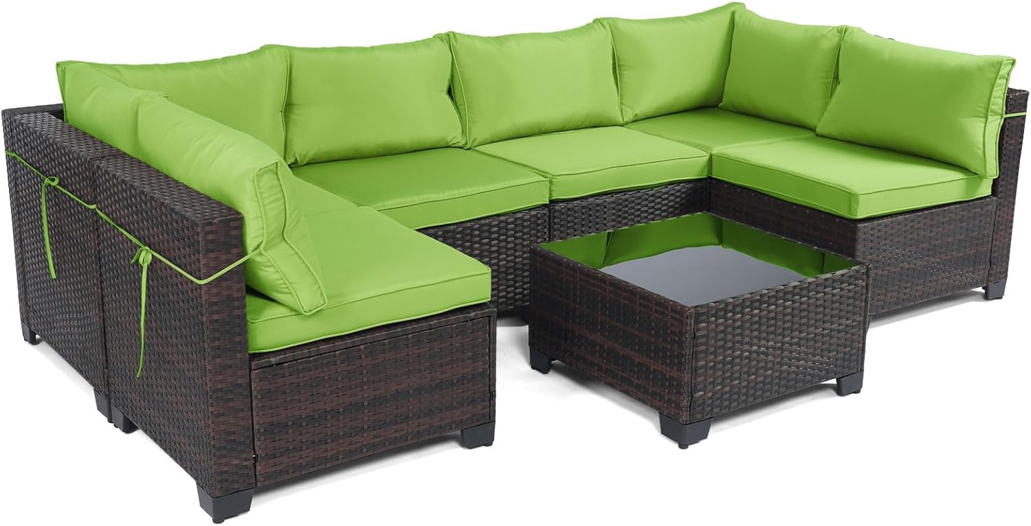 7 Pieces Rattan Patio Furniture Set with Tea Table