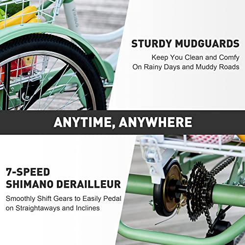 Tricycle 7-Speed, 24′′ Wheels, High Carbon Steel Frame, Front & Rear Baskets, Adjustable Saddle