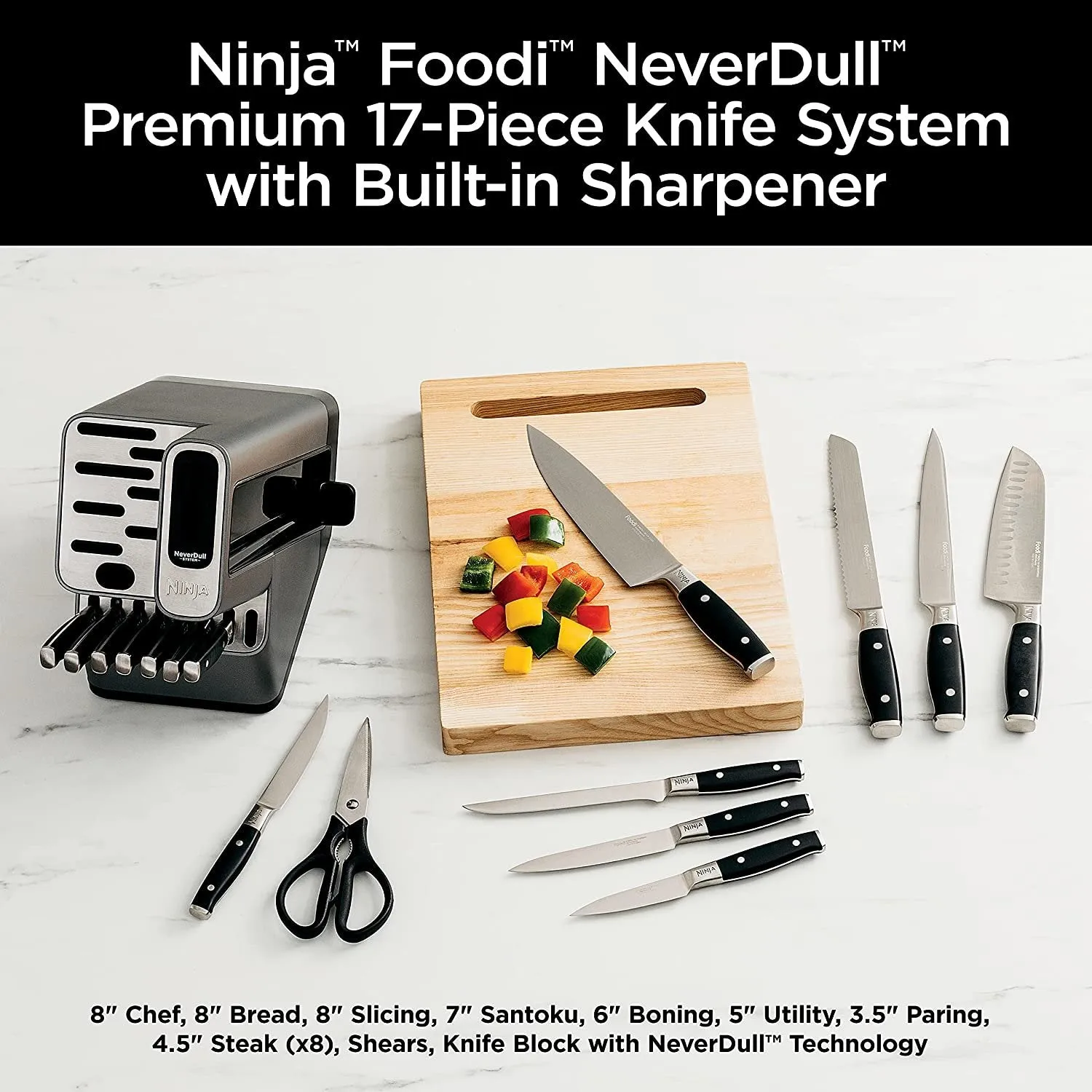 K32017 Foodi NeverDull 17 Piece Premium Knife System Block Set with Built-in Sharpener, Stainless Steel/Black