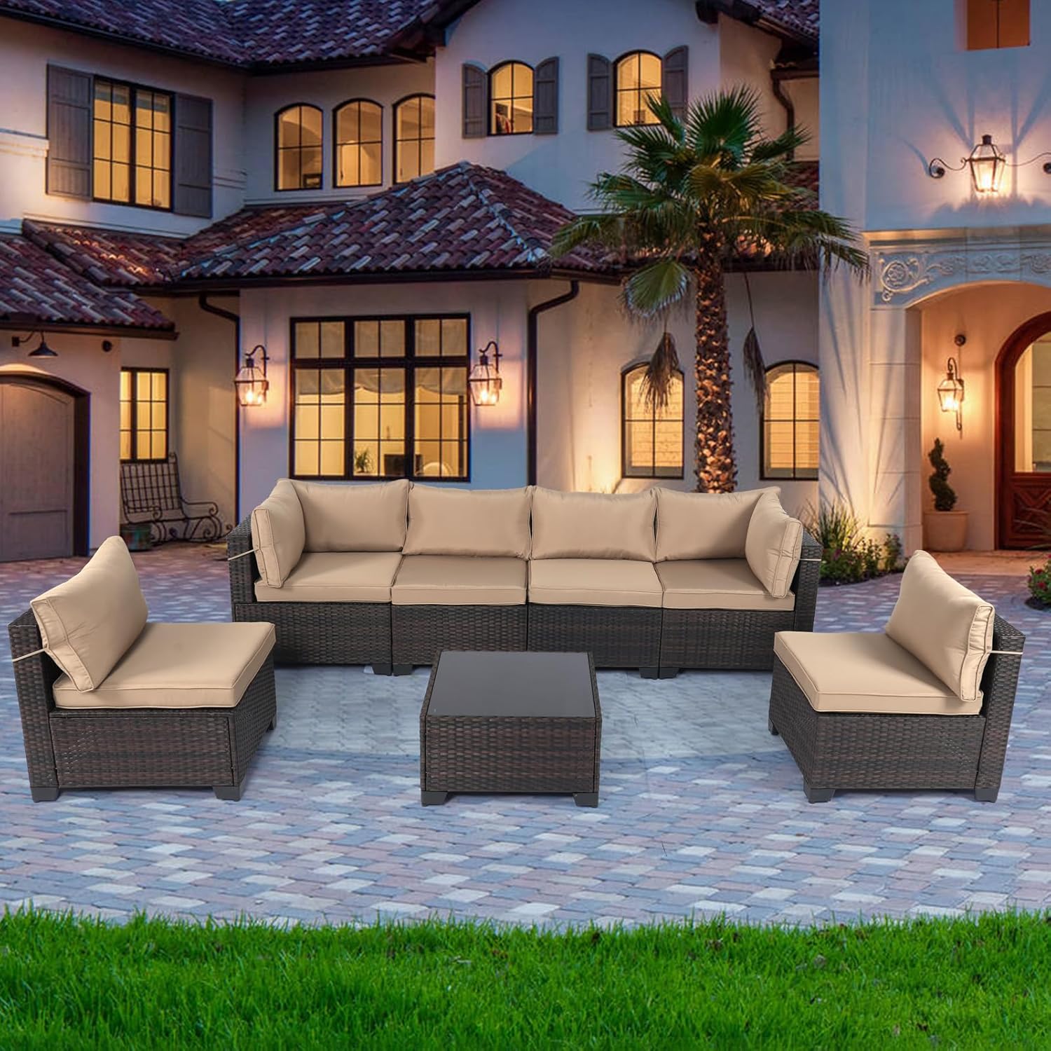 7 Pieces Rattan Patio Furniture Set with Tea Table