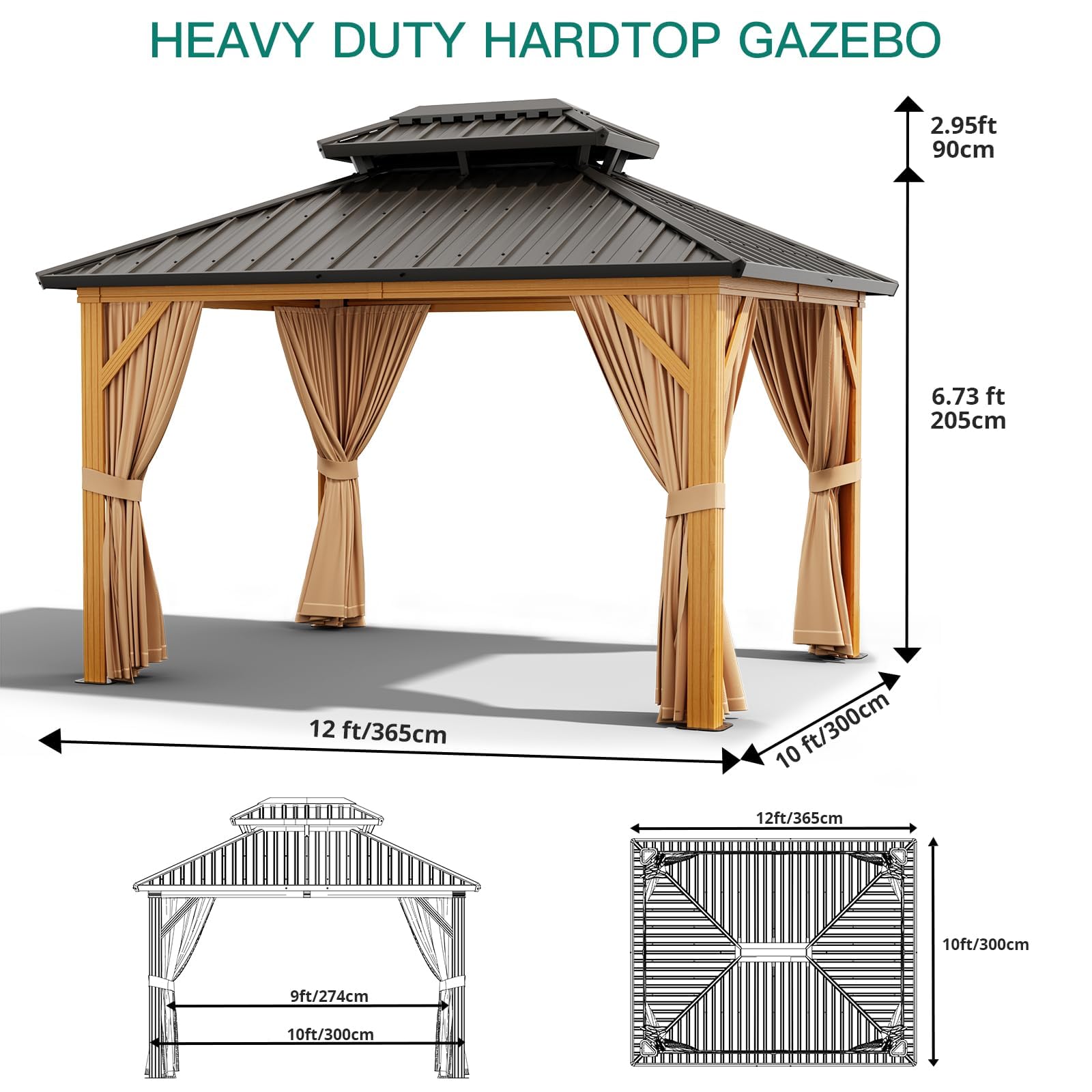 2026 10X13 FT Outdoor Galvanised Steel Hardtop Gazebo, Heavy Duty Double Roof Outdoor Gazebo with Netting and Sunshade Curtains, Aluminium Framed Gazebo for Patio, Terrace, Lawn and Deck, Khaki