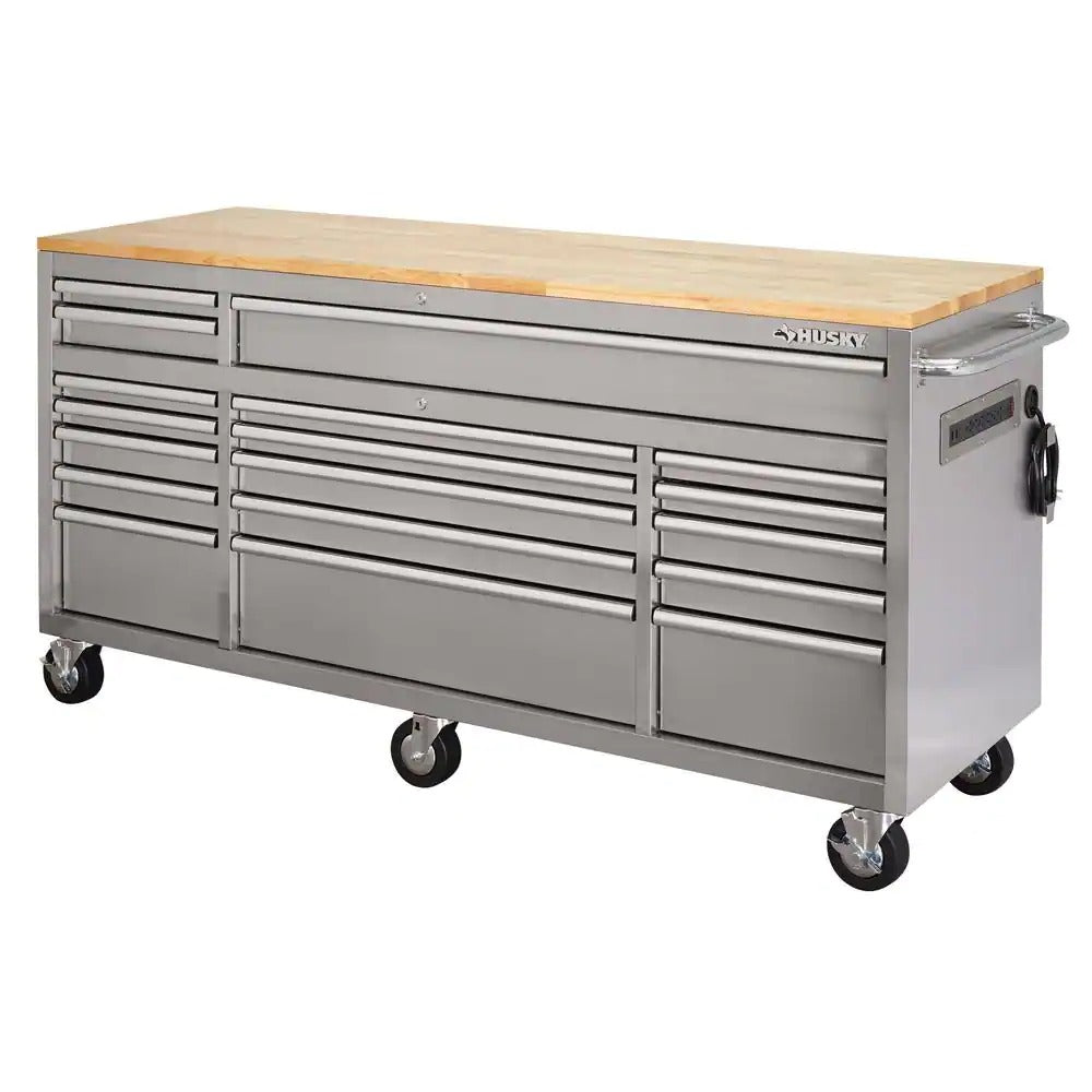 2026 72 in. 18-Drawer 24 in. D Mobile Workbench with Solid Wood Top Stainless Steel
