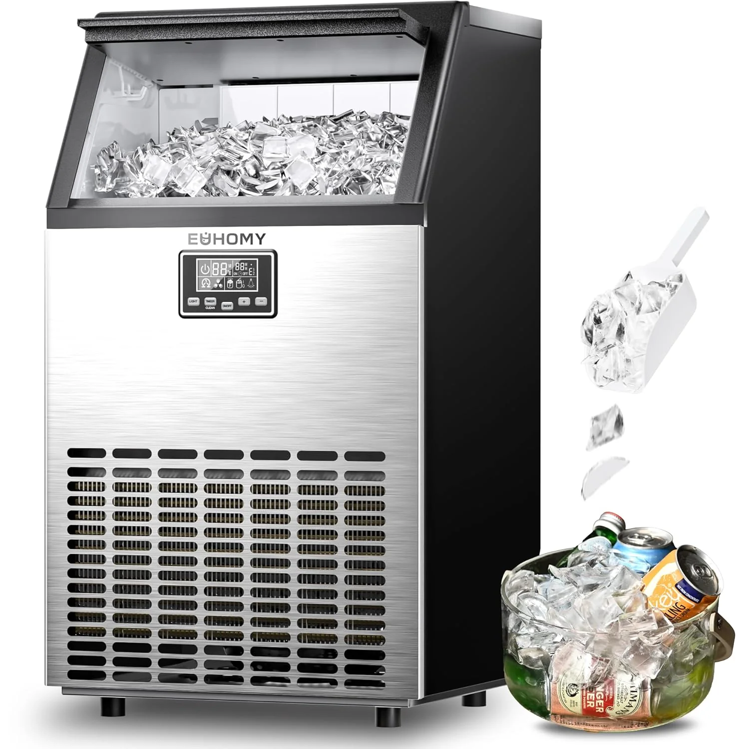 Commercial Ice Maker Machine, 100lbs/24H Stainless Steel Under Counter ice Machine with 33lbs Ice Storage Capacity, Freestanding Ice Maker.