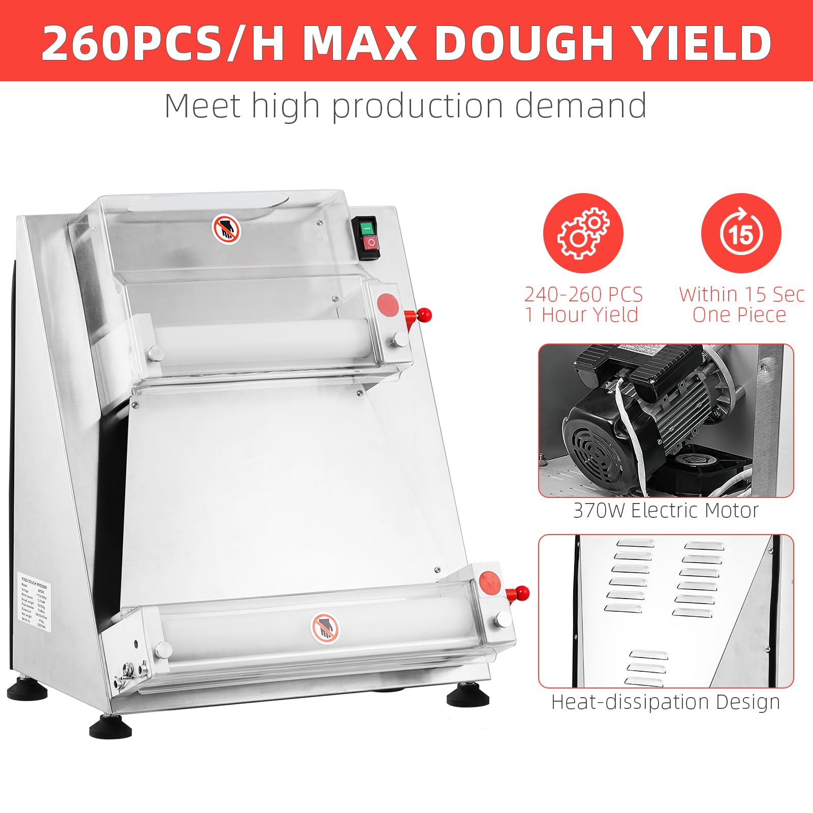 Commercial Pizza Dough Roller Sheeter, Max 16, Automatic 370W Electric Pizza Dough Roller, Stainless Steel, Suitable for Noodle, Pizza Bread and Pasta Maker Equipment