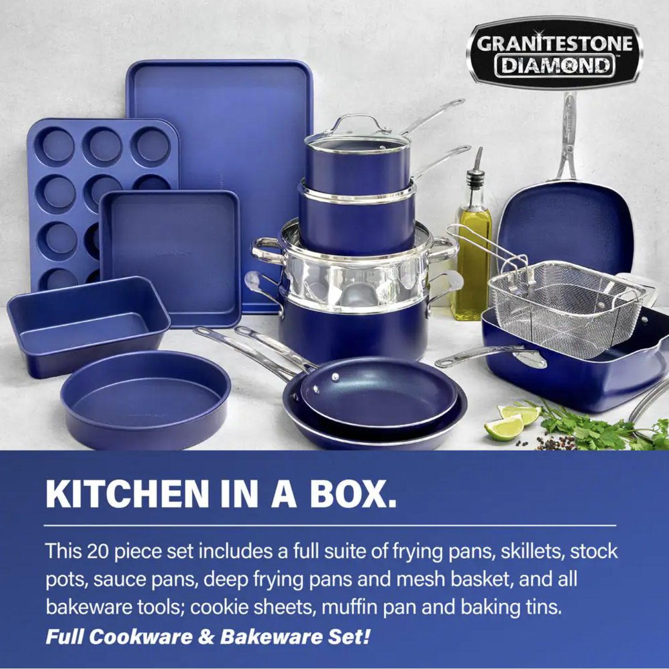 Granitestone Classic Blue 20-Piece Aluminum Ultra-Durable Non-Stick Diamond Infused Cookware and Bakeware Set?? Last Day For Clearance