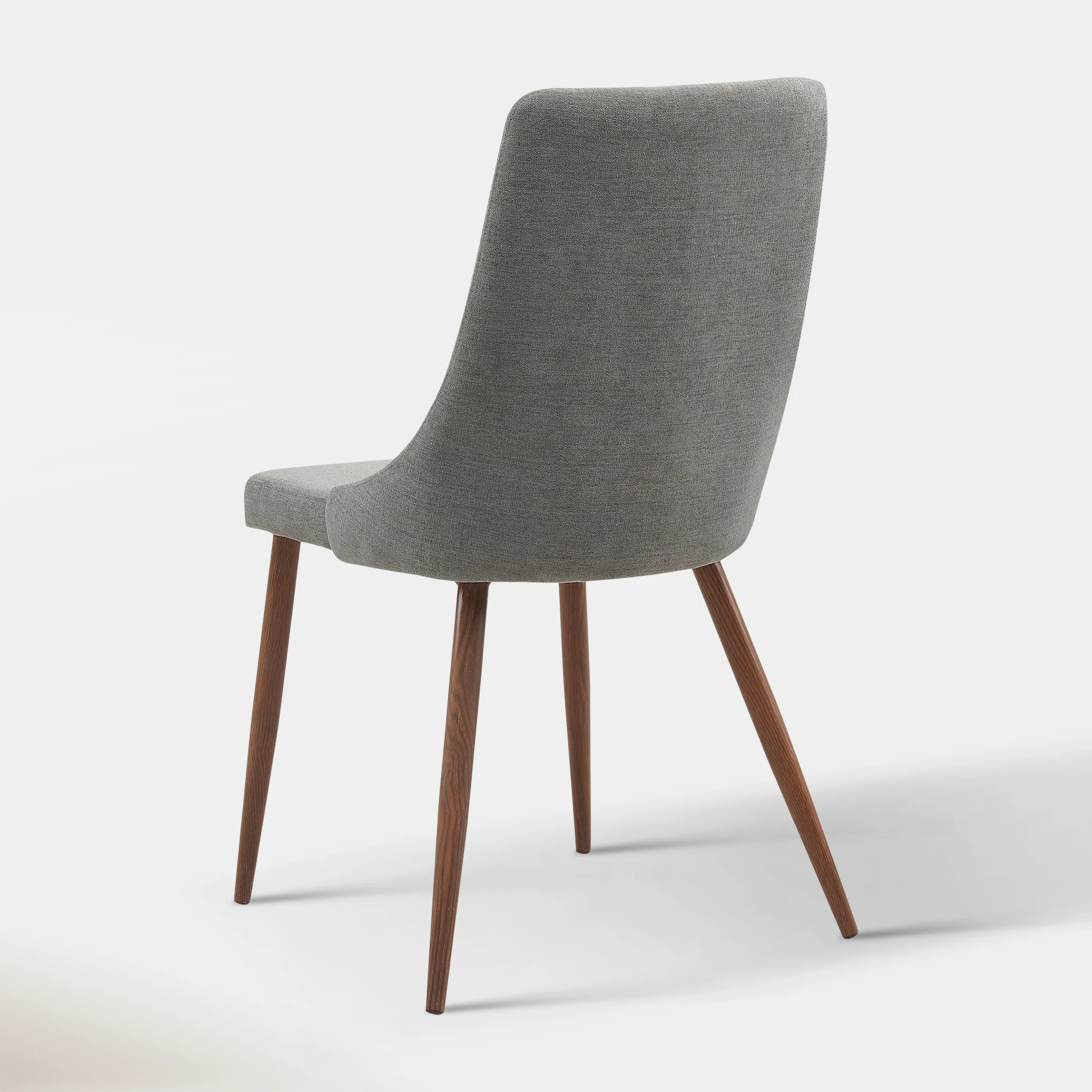 Elegant Side Chair with Curved Wood Frame, Grey Fabric, and Walnut-Finished Metal Legs