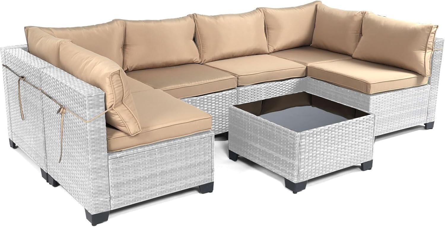 7 Pieces Rattan Patio Furniture Set with Tea Table