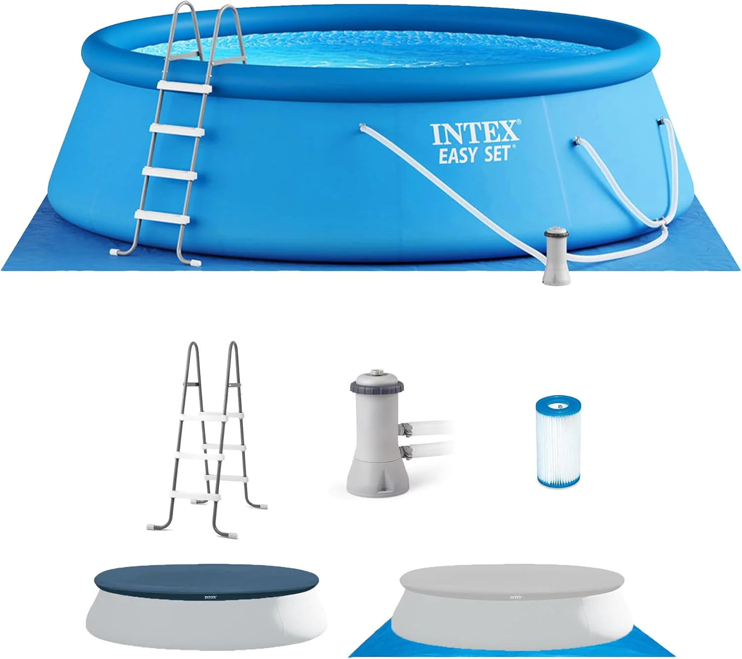 Easy Set Inflatable Swimming Pool Set: 15ft x 48in – Includes 1000 GPH Cartridge Filter Pump – Removable Ladder – Pool Cover – Ground Cloth