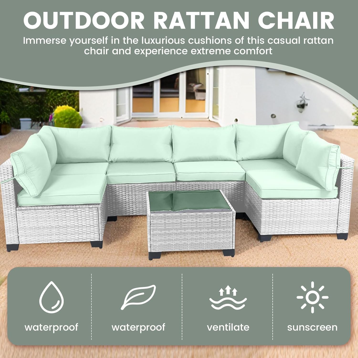 7 Pieces Rattan Patio Furniture Set with Tea Table