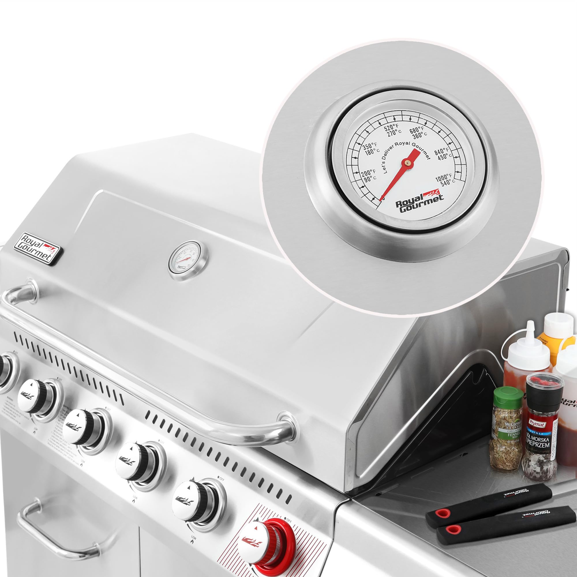 2026 Gourmet GA6402S Stainless Steel Gas Grill, Premier 6-Burner Propane Grill with Sear Burner and Side Burner, 74,000 BTU, Cabinet Style, Outdoor BBQ Party Grill, Silver