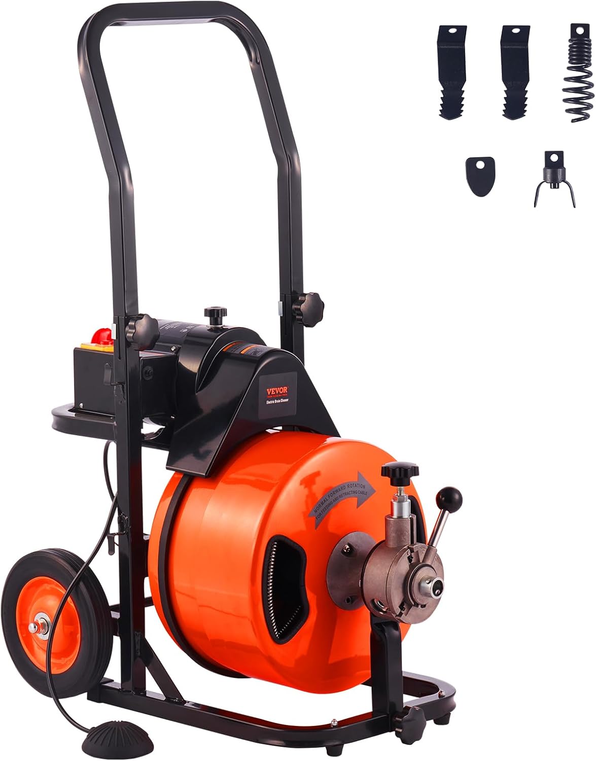 Drain Cleaner Machine 100FT x 1/2Inch, Auto Feed Sewer Snake Auger with 4 Cutter & Air-activated Foot Switch for 1′′ to 4′′ Pipes, Orange, Black