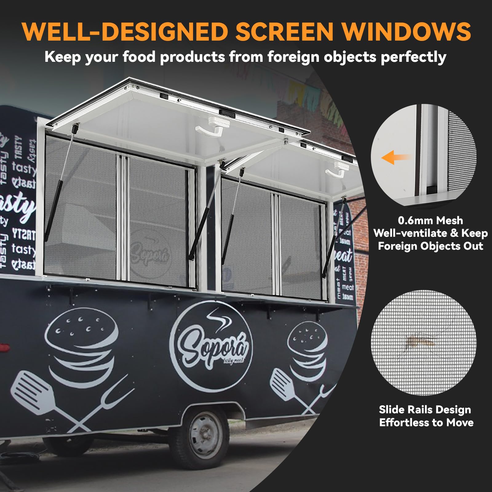 2026 Concession Window 36W x 36H Aluminum Alloy Food Truck Service Window with Sliding Screens & Awning Door, Hydraulic Lift, Locking Mechanism, Versatile for Catering