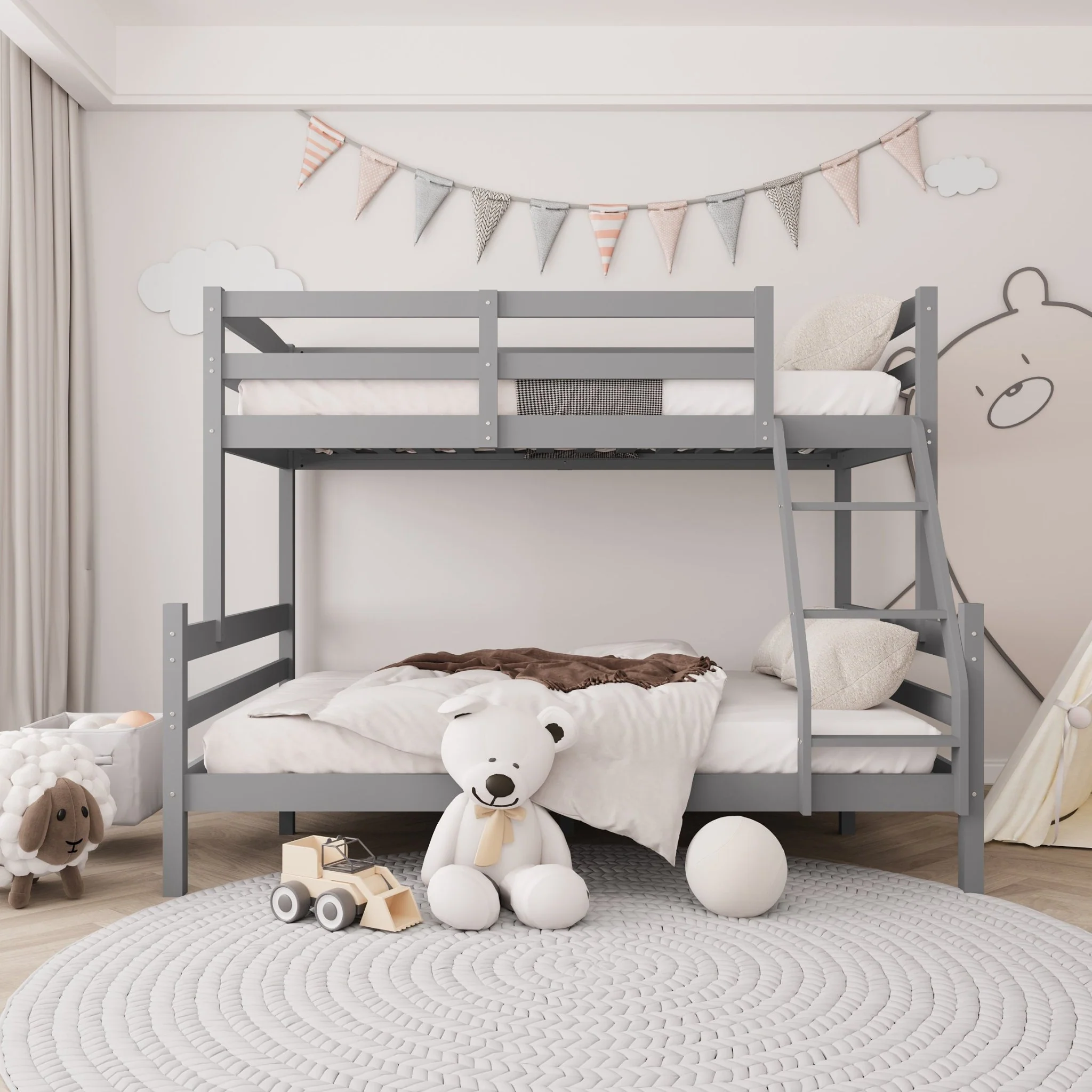 Kids Solid Wood Twin Over Full Bunk Bed Frame – Gray & White Finish | Space-Saving Design