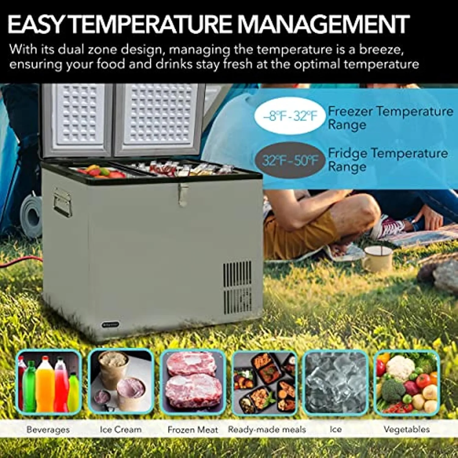 FM-65G 65 Quart Portable Refrigerator and Deep, AC 110V/ DC 12V, Real Chest Freezer for Car, Home, Camping, and RV with-8°F to 50°F Temperature Range, Gray, One Size