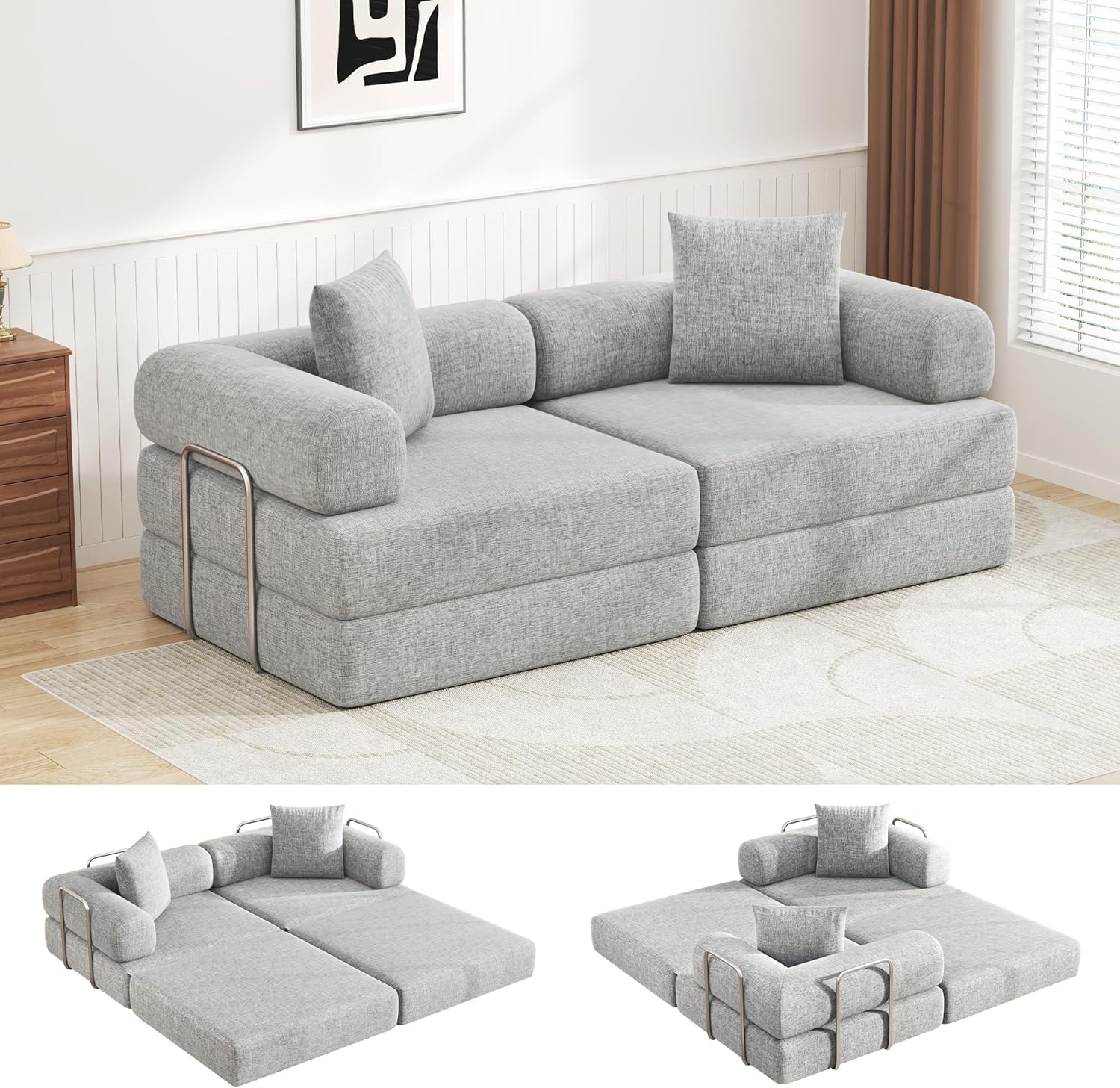 DURASPACE Folding Sofa Bed Convertible Foam Floor Sleeper Mattress Couch with Frame, 2-Seater Boneless Fold Out Loveseat Sectional Futon Couch Bed for Living Room Bedroom (Chenille Gray)