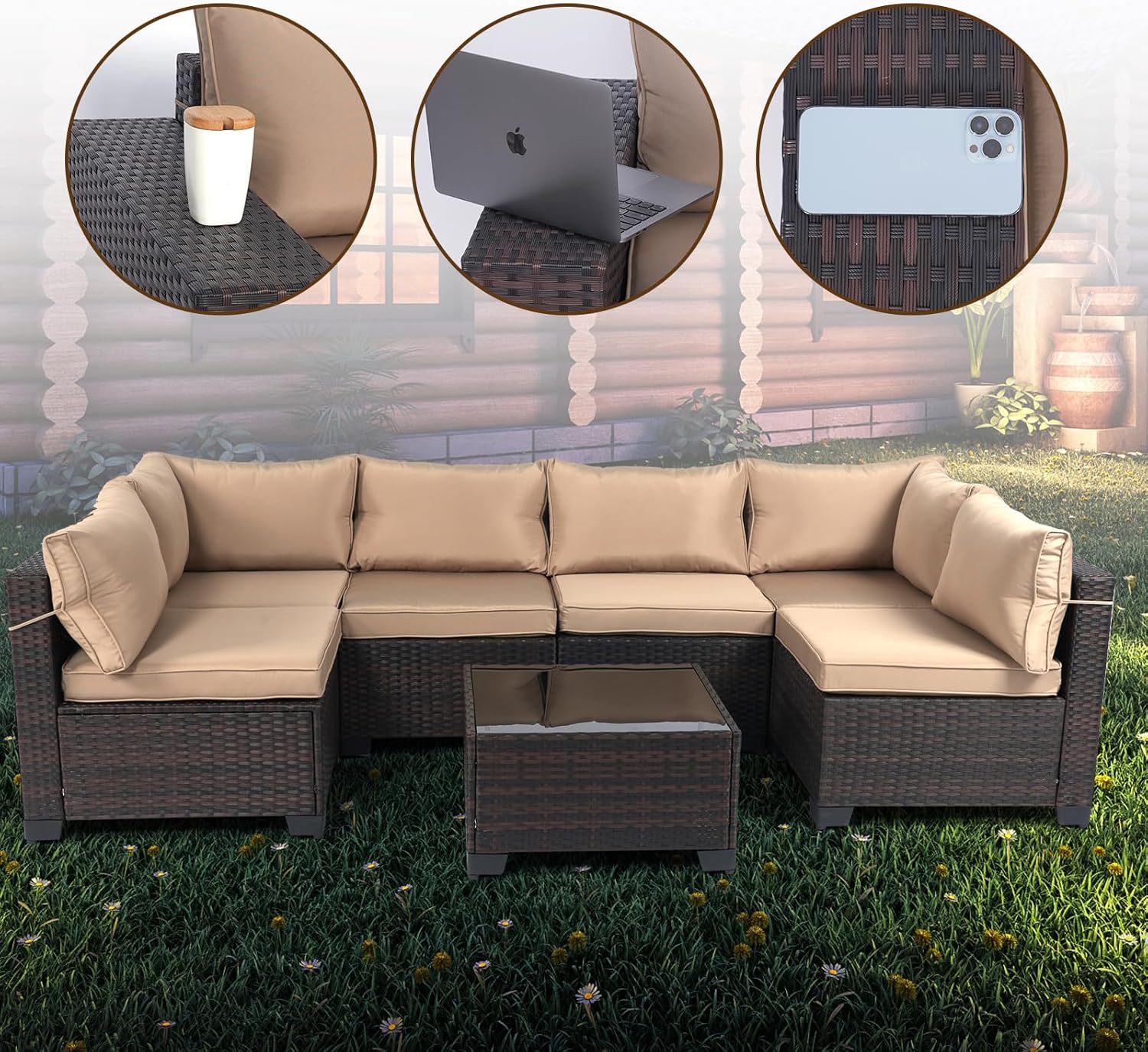 7 Pieces Rattan Patio Furniture Set with Tea Table