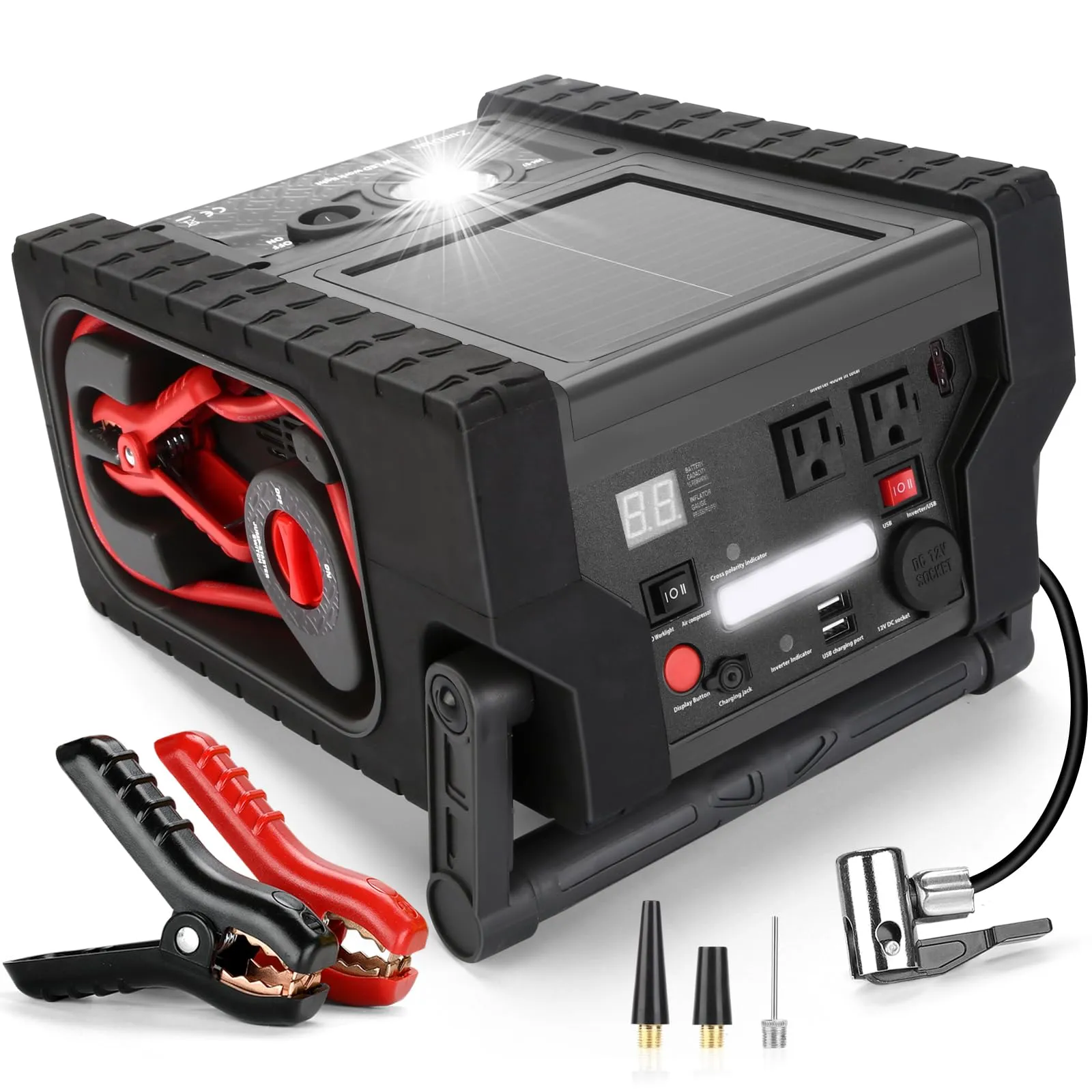 Solar Portable Power Station 2000 Amps Jump Starter, 260 PSI Air Compressor, 12V Car Battery Charger with 400W Inverter Dual AC/DC/USB Output, Emergency Backup Power with Flashlights