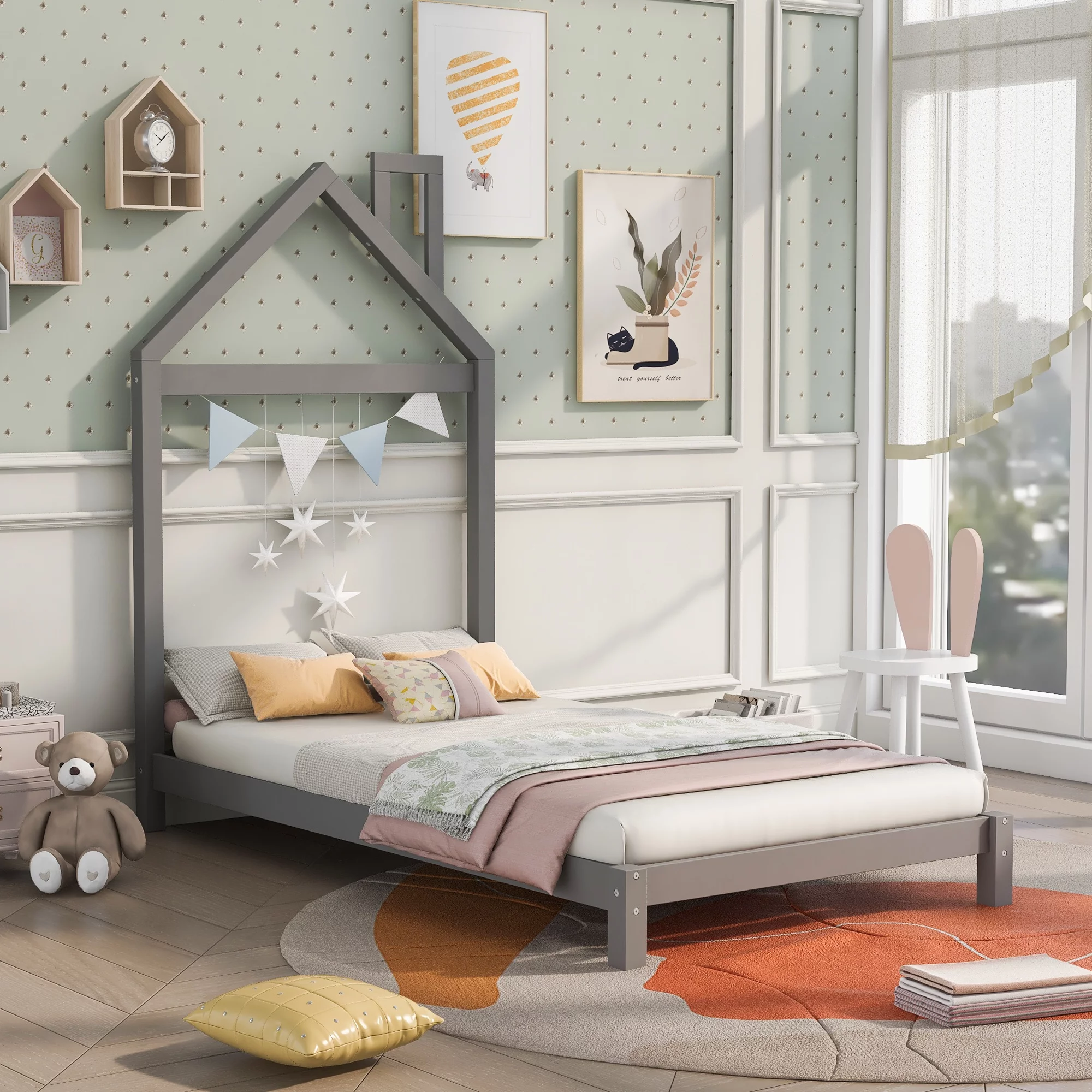 2026 uhomepro Kids Twin Bed Frame with House Frame Headboard, Pretty Platform Bed Frame for Girls Boys, Wood Bed Frame Twin Size Bedroom Furniture with Wood Slats Support, No Box Spring Needed, Gray