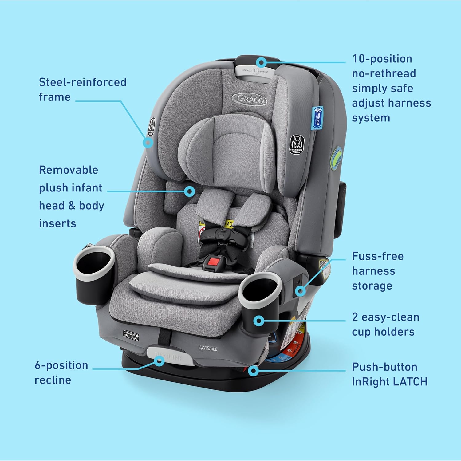 4Ever Dlx 4-In-1 Car Seat – Grey, Infant to Toddler