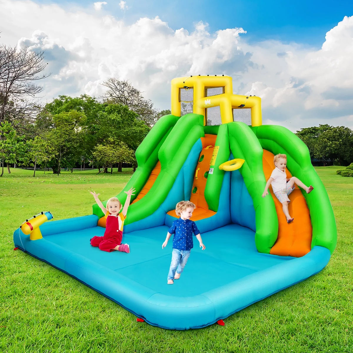 2026 Inflatable Water Park Bounce House w/Climbing Wall Two Slides and Splash Pool