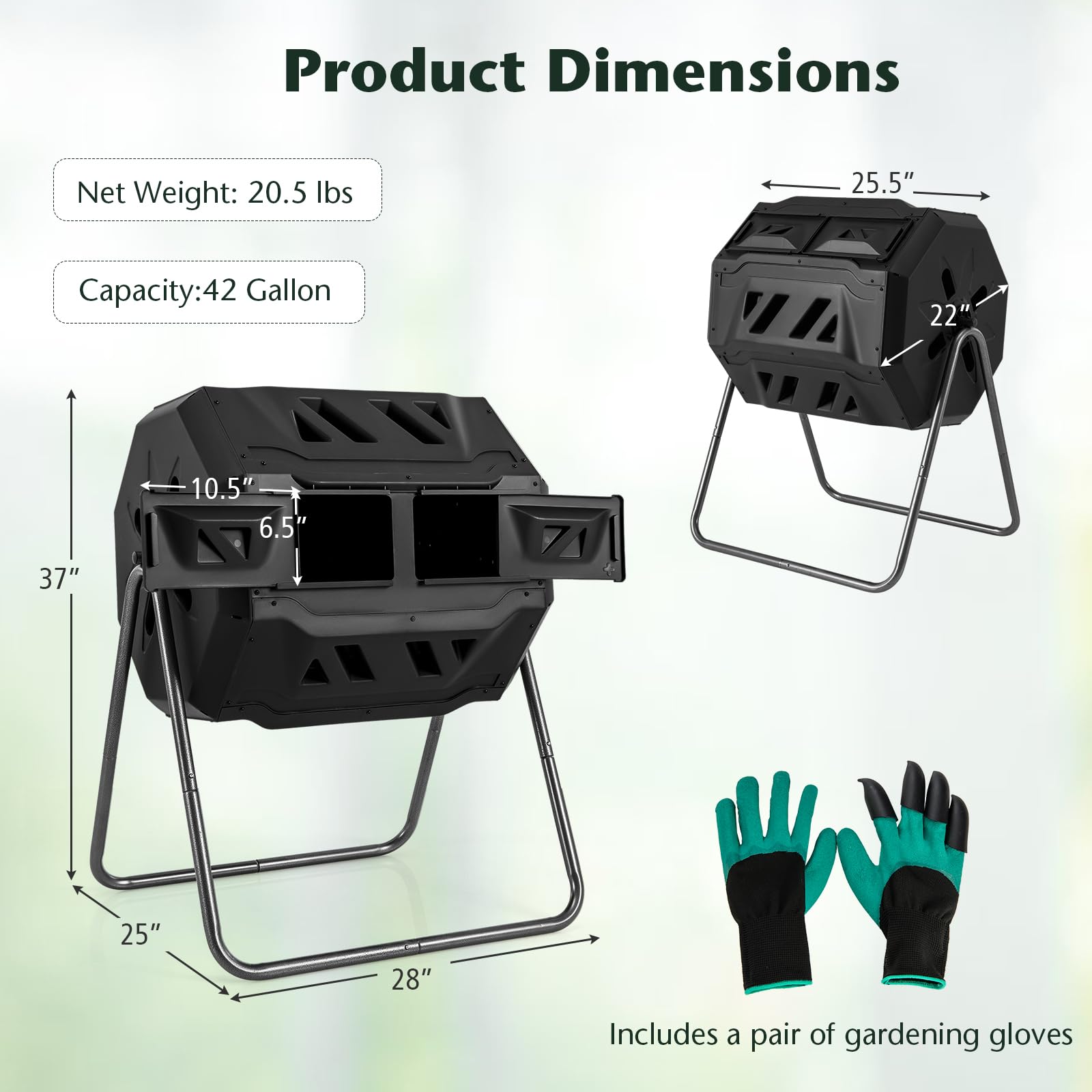 2025 Compost Bin, 42-Gal Dual Chamber Composting Tumbler w/2 Sliding Doors, Heavy-Duty Metal Frame