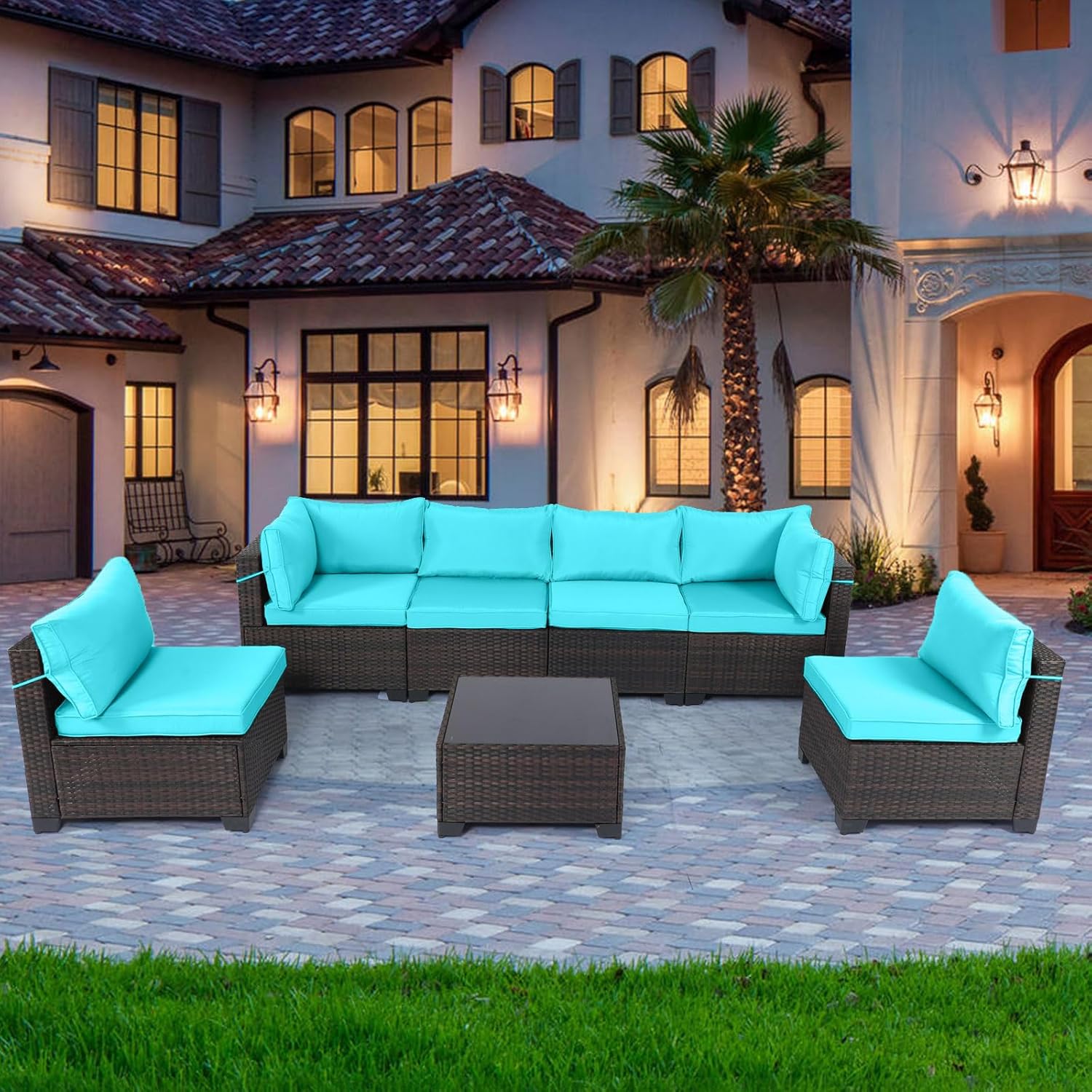 7 Pieces Rattan Patio Furniture Set with Tea Table