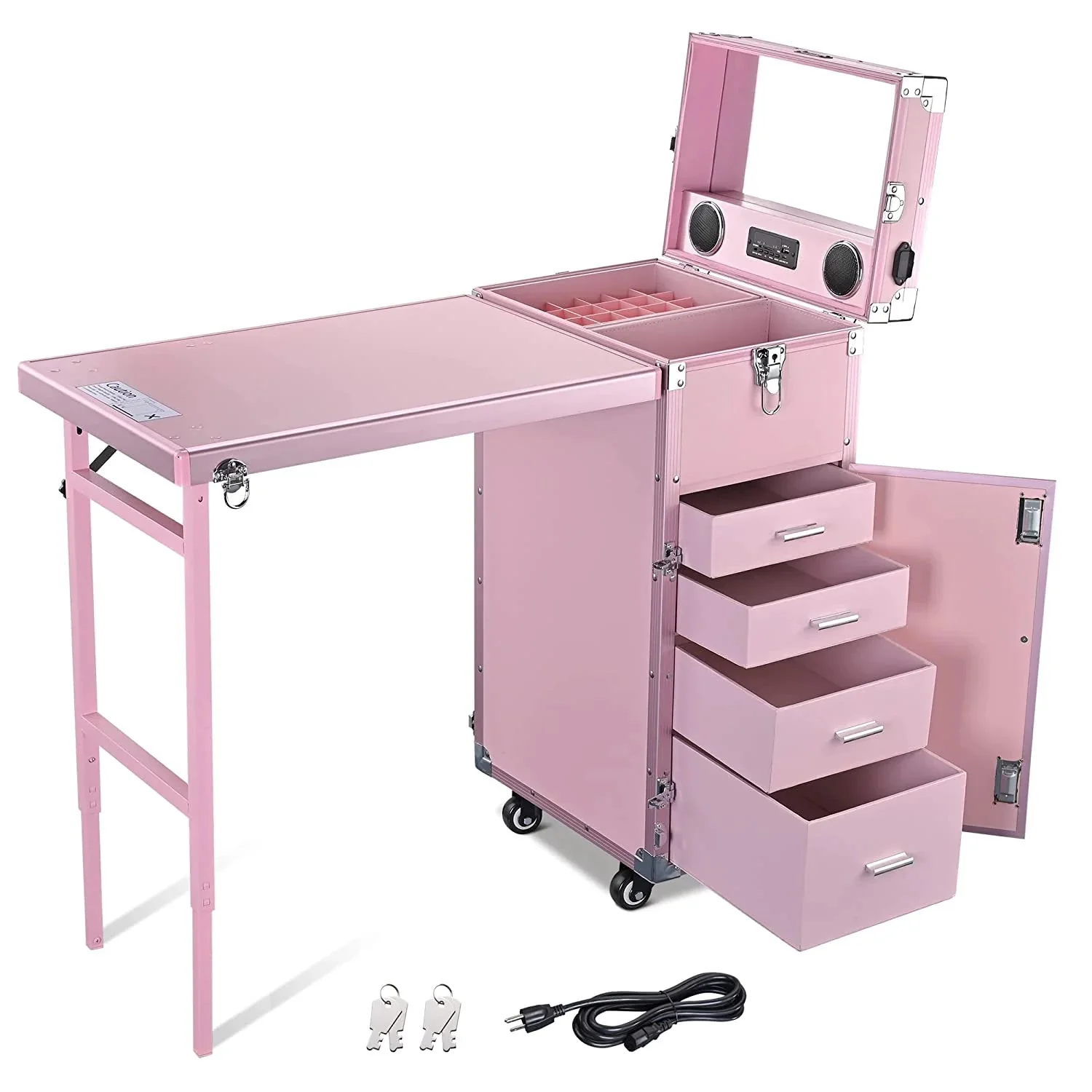 Nail Desk Mobile Station Rolling Makeup Train Case Trolley Cosmetic Manicure Table Mirror 4 Drawers Pink