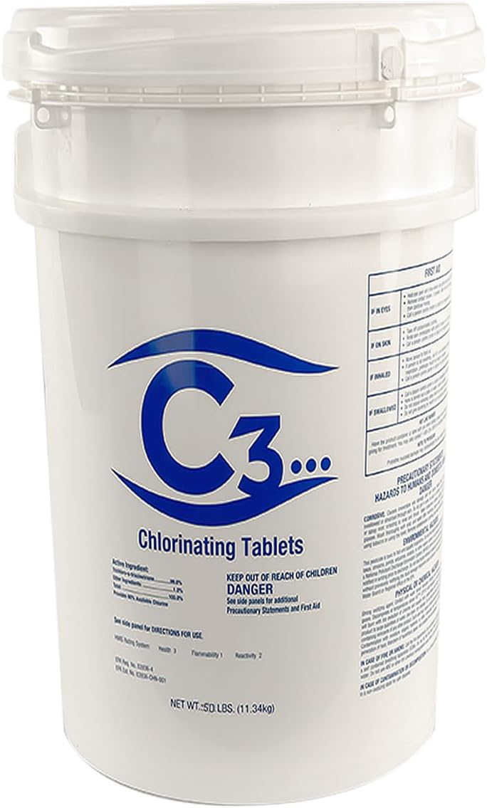 C3... 50 lbs. 3′′ Stabilized Chlorine Tabs for Swimming Pools  Hot Tubs  and Spas | Slow Dissolving Individual Chlorinating Tablets | 50 Pound Bucket