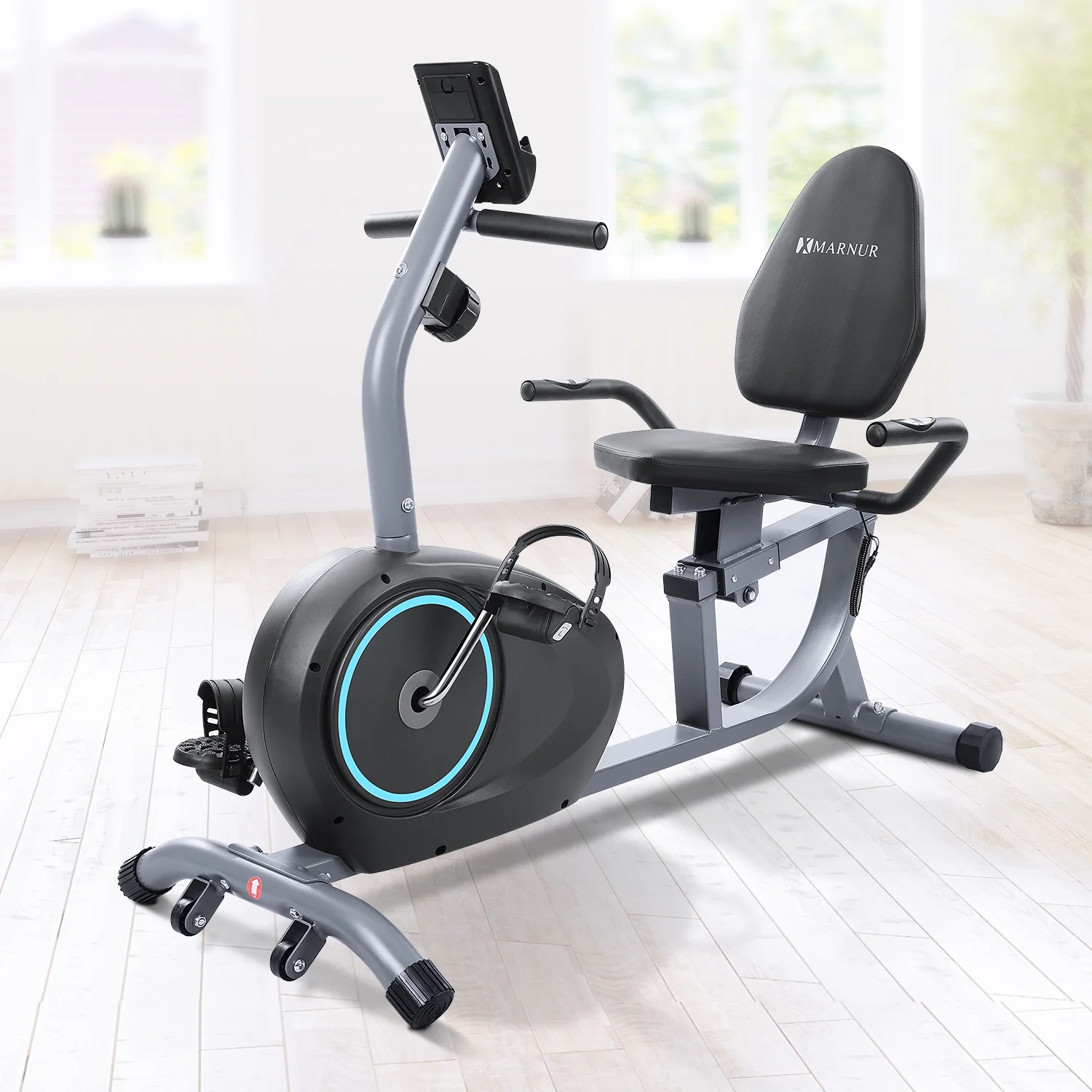 2026 MARNUR Recumbent Exercise Bike with 8 Levels Adjustable Resistance, LCD Monitor, Pad Holder, Wheels