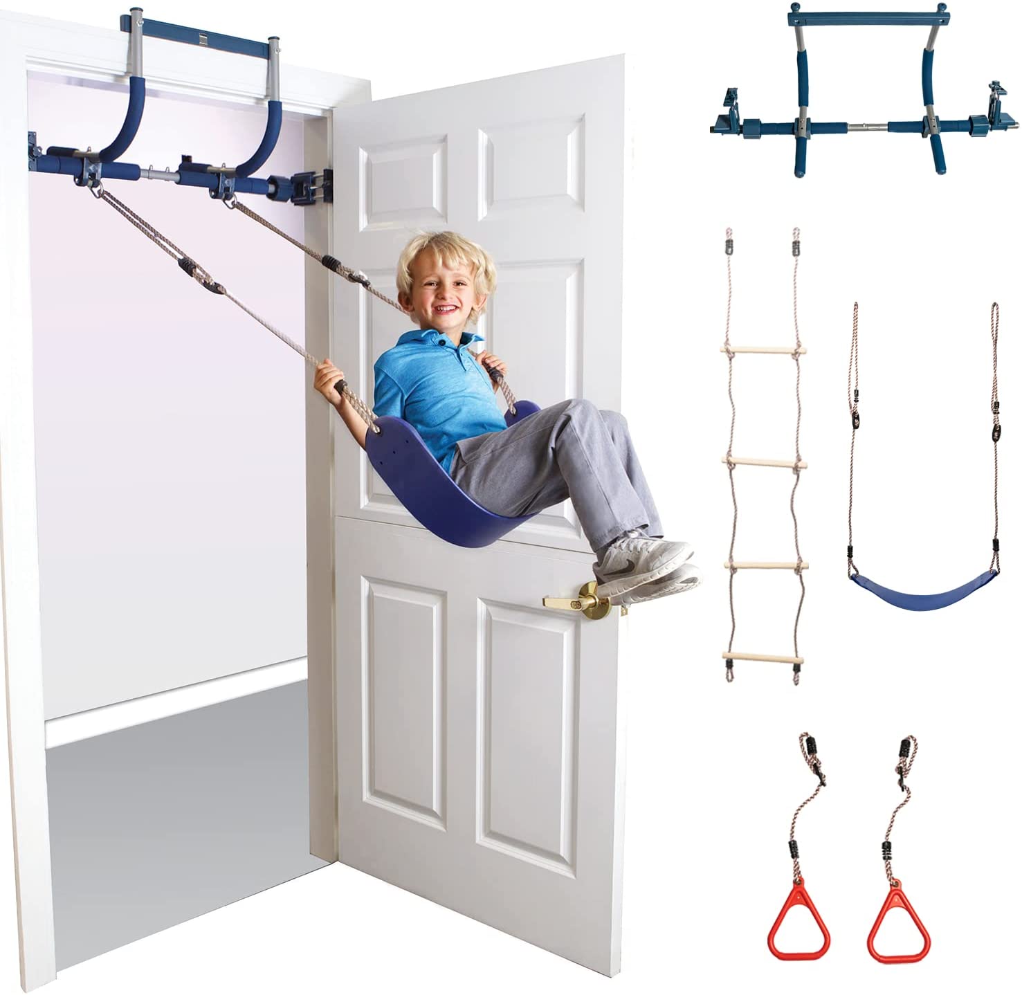 2026 6 Piece Indoor Doorway Gym Set for Kids �� Indoor Swing for Kids Includes Kids Swing Chair, Rings, Hanging Trapeze, Ladder, Swinging Rope & Pullup Bar