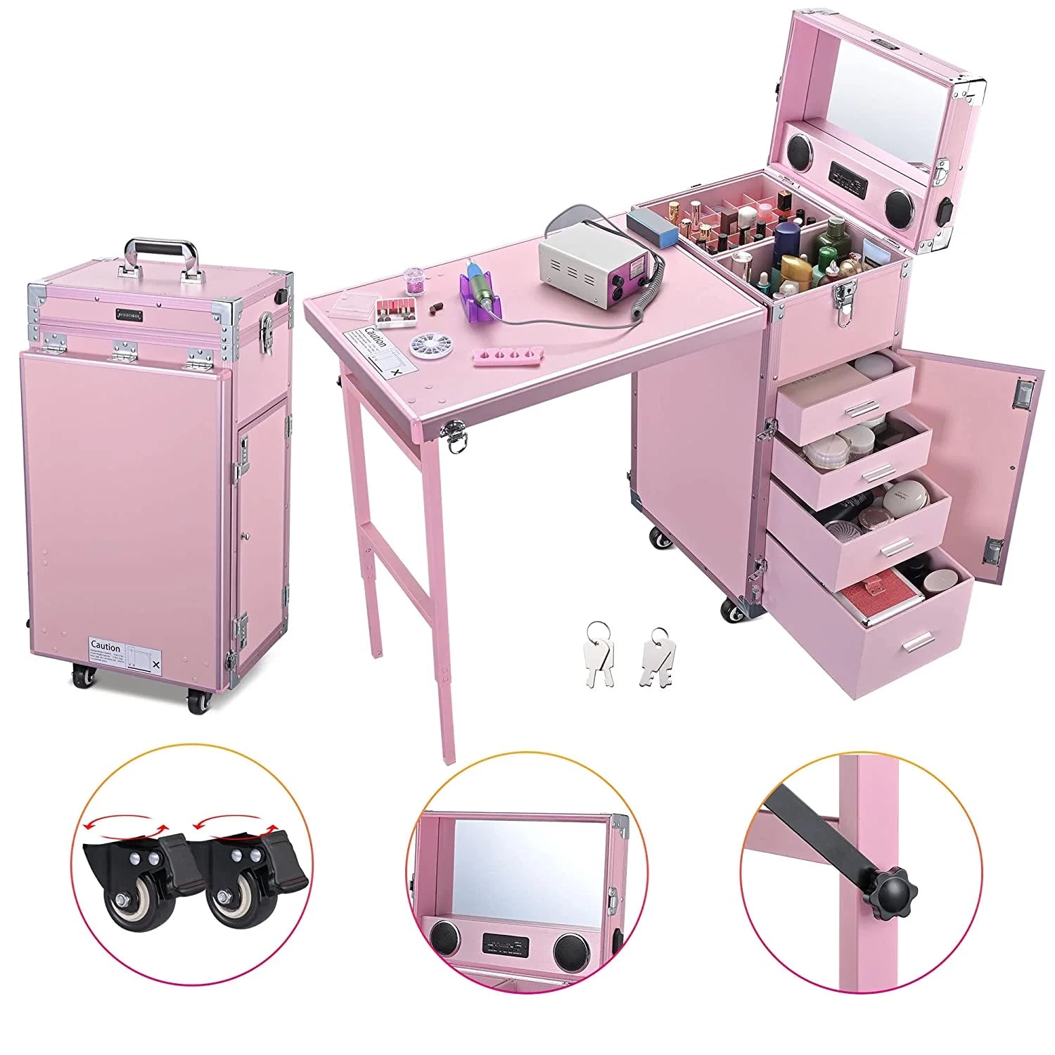 2026 Nail Desk Mobile Station Rolling Makeup Train Case Trolley Cosmetic Manicure Table Mirror 4 Drawers Pink
