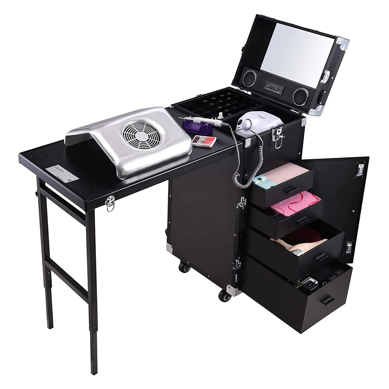 2026 Nail Desk Mobile Station Rolling Makeup Train Case Trolley Cosmetic Manicure Table Mirror 4 Drawers Pink