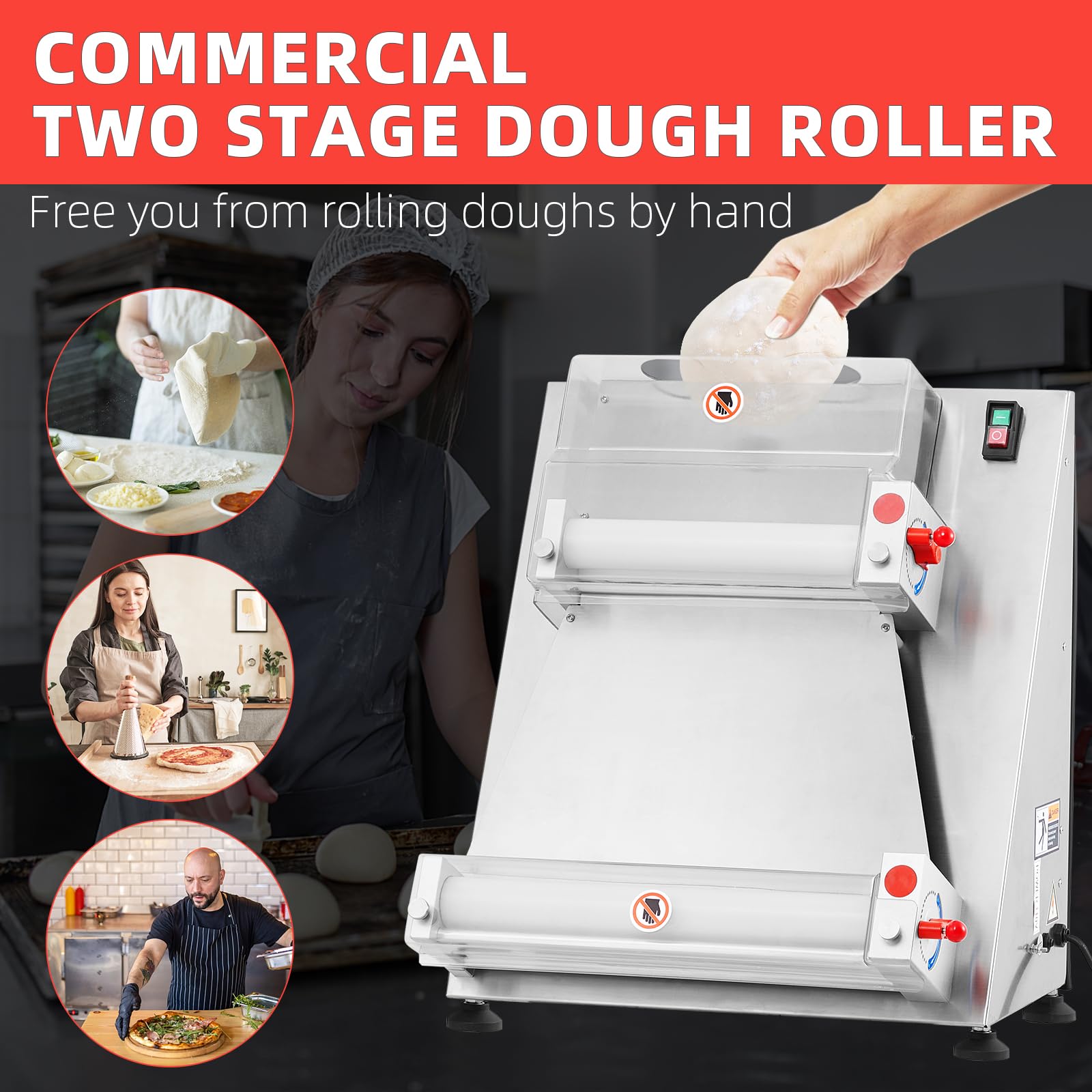 Commercial Pizza Dough Roller Sheeter, Max 16, Automatic 370W Electric Pizza Dough Roller, Stainless Steel, Suitable for Noodle, Pizza Bread and Pasta Maker Equipment