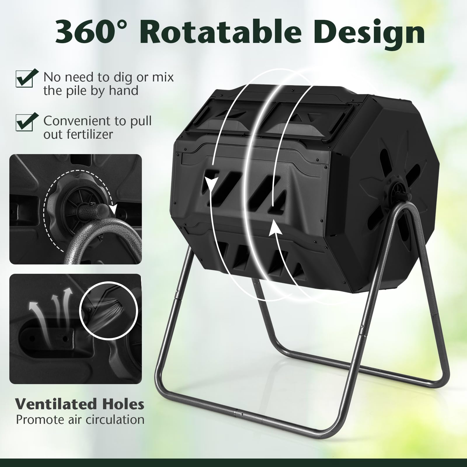 2025 Compost Bin, 42-Gal Dual Chamber Composting Tumbler w/2 Sliding Doors, Heavy-Duty Metal Frame