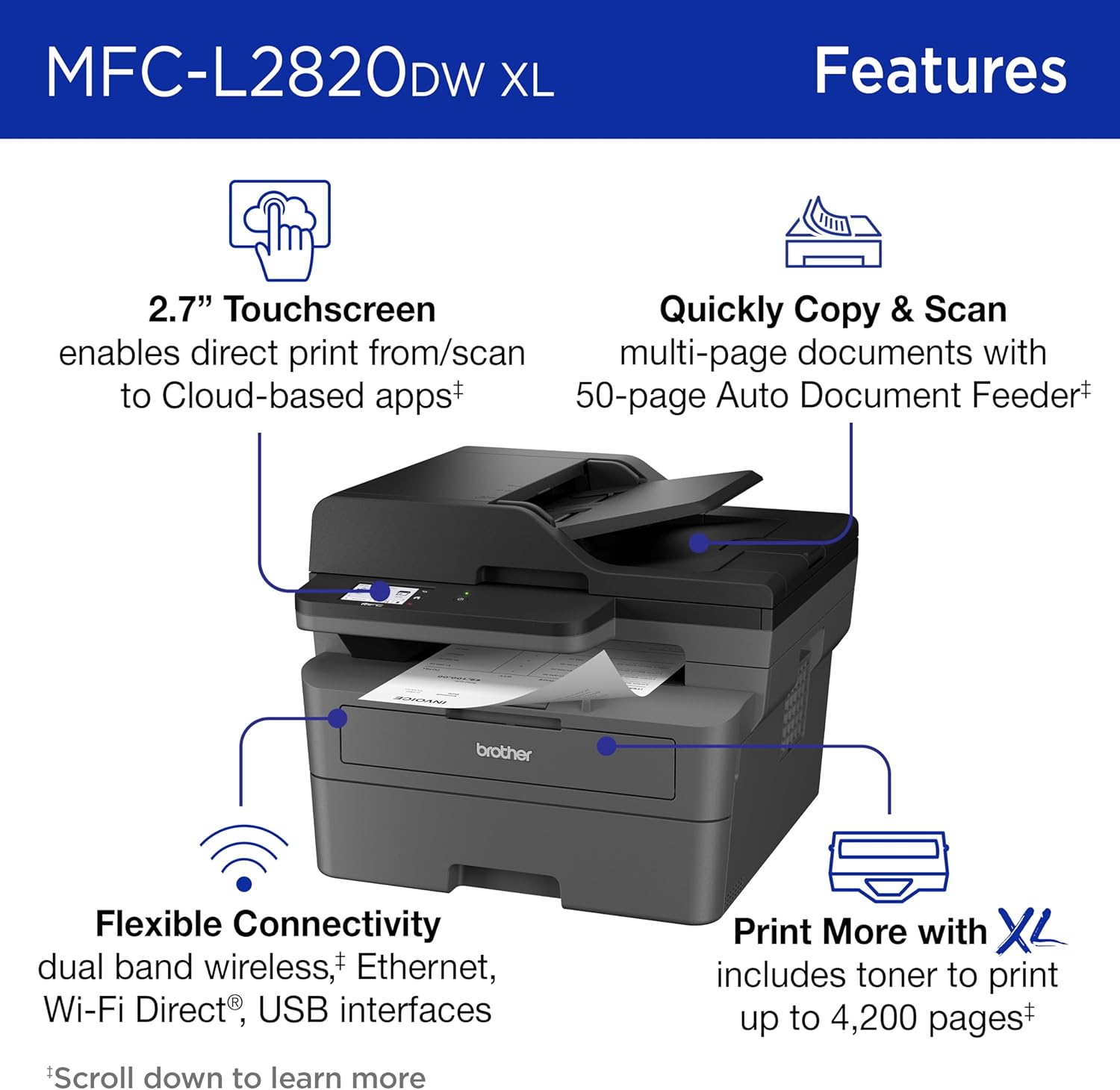 Mfc-L2820Dw Wireless Monochrome All-In-One Printer