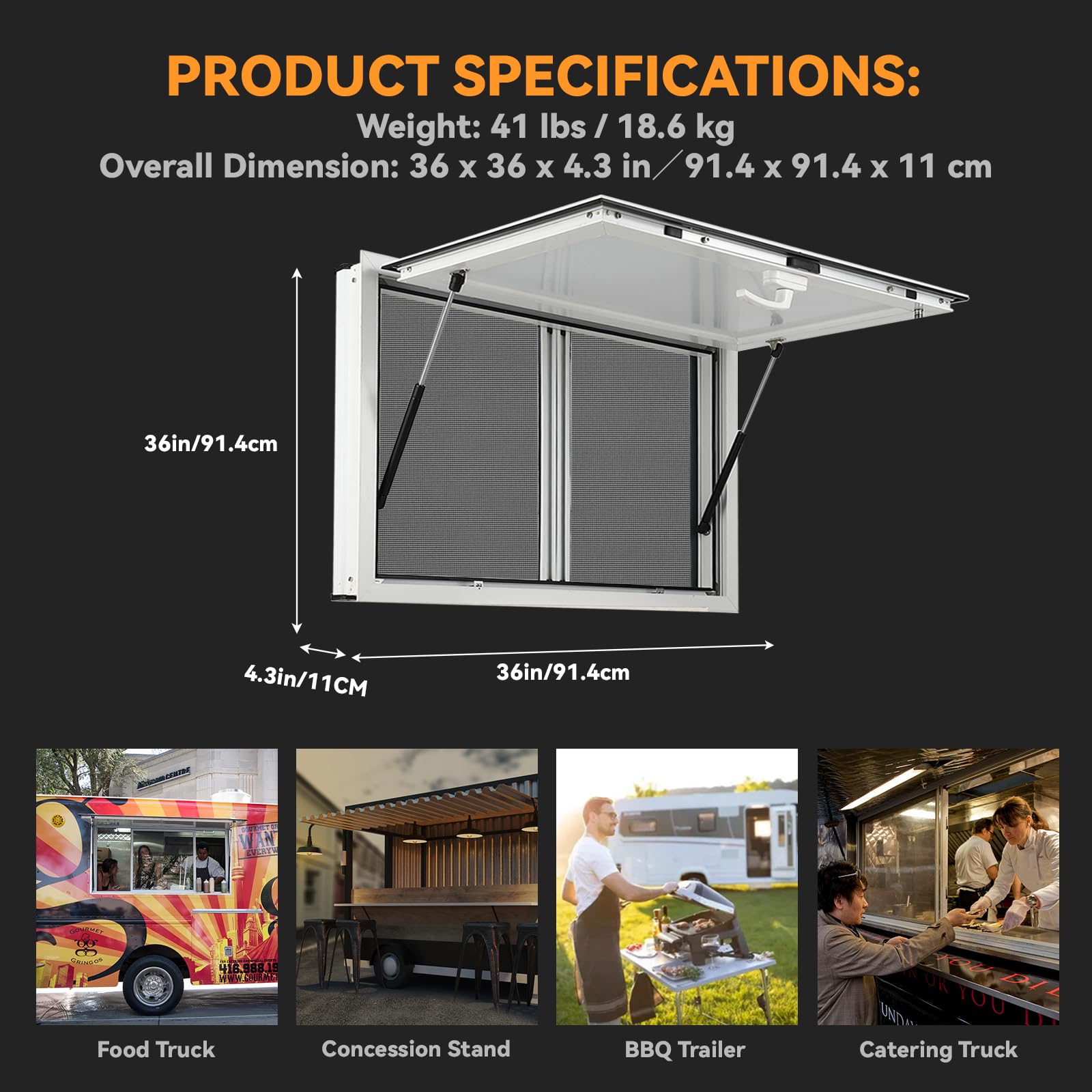 2026 Concession Window 36W x 36H Aluminum Alloy Food Truck Service Window with Sliding Screens & Awning Door, Hydraulic Lift, Locking Mechanism, Versatile for Catering